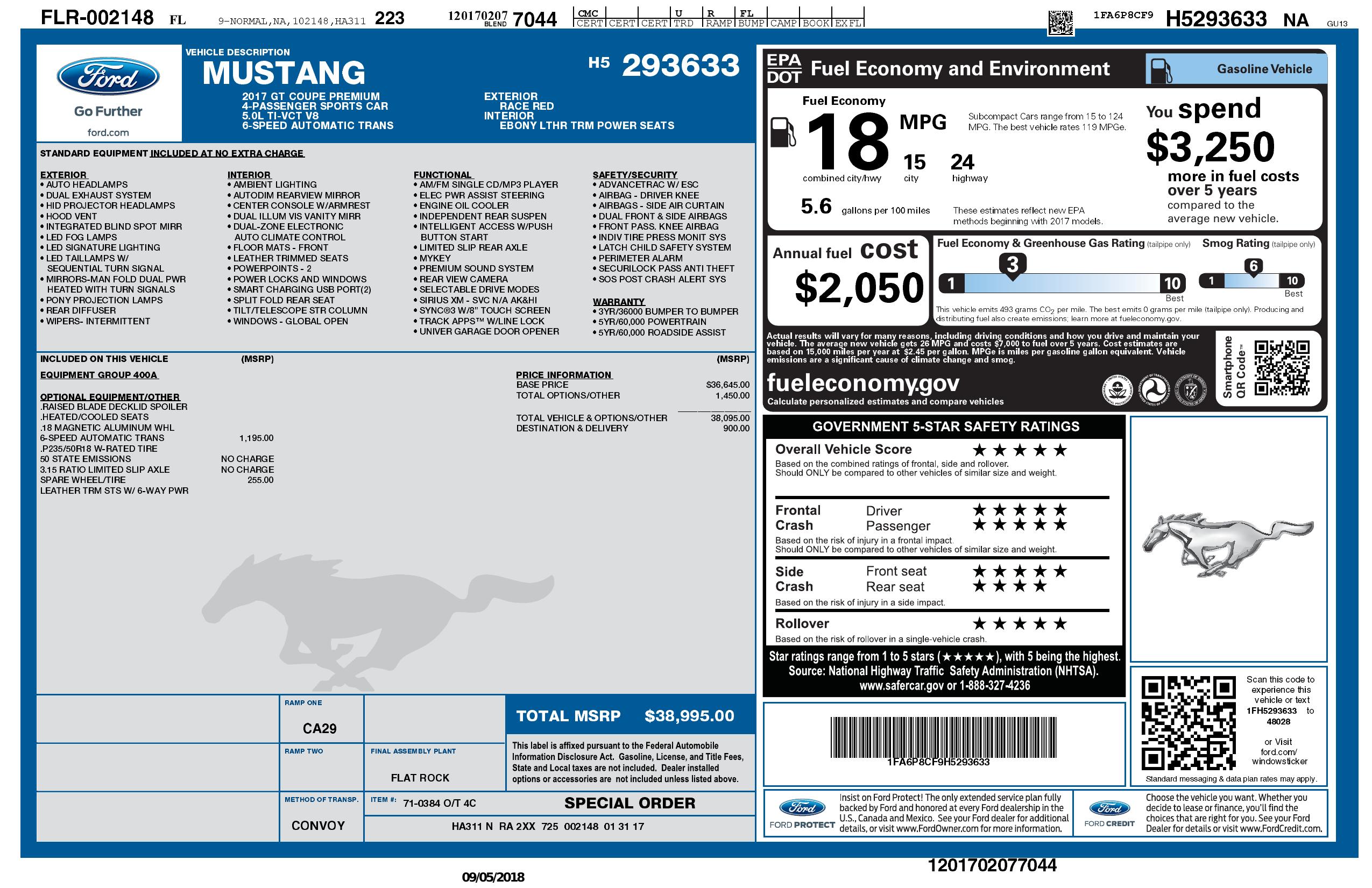 Original window sticker for 2017 FORD MUSTANG Gt Premium