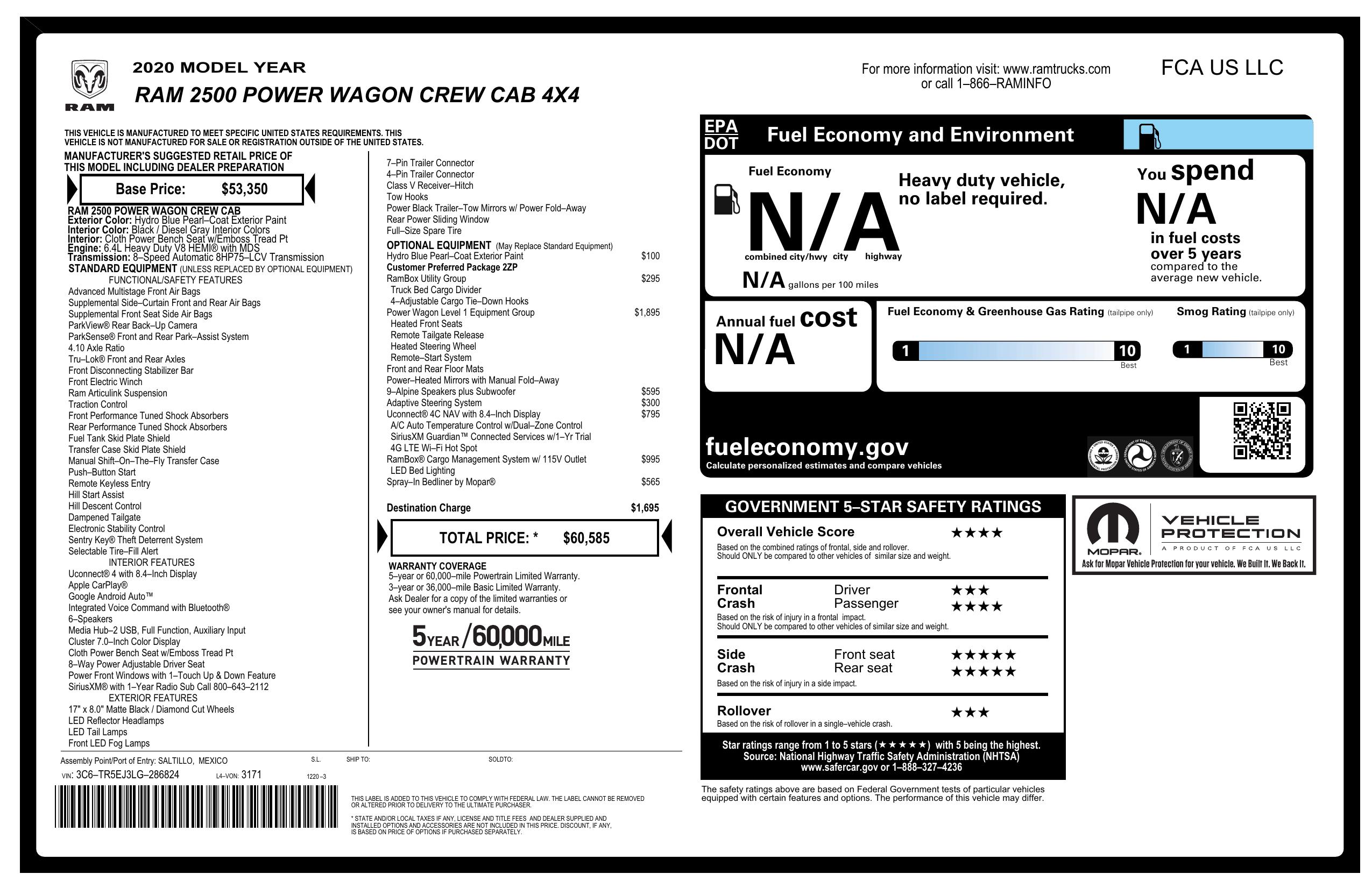 Window Sticker for 2020 Ram 2500 Power Wagon 4x4 Crew Cab 6'4" Box