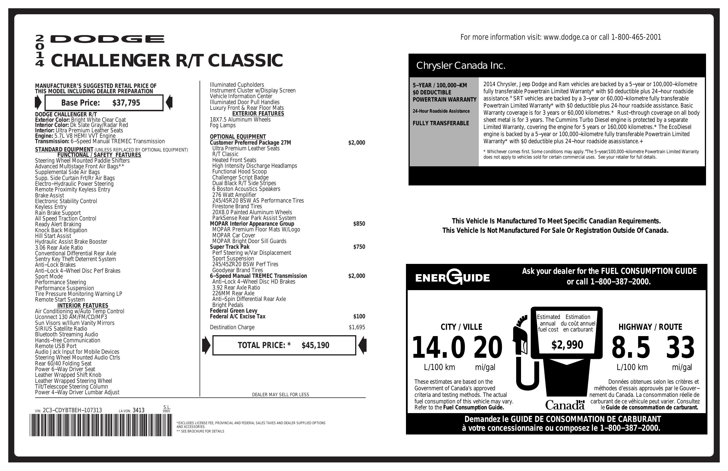 Window Sticker for 2014 Dodge Challenger 2dr Cpe