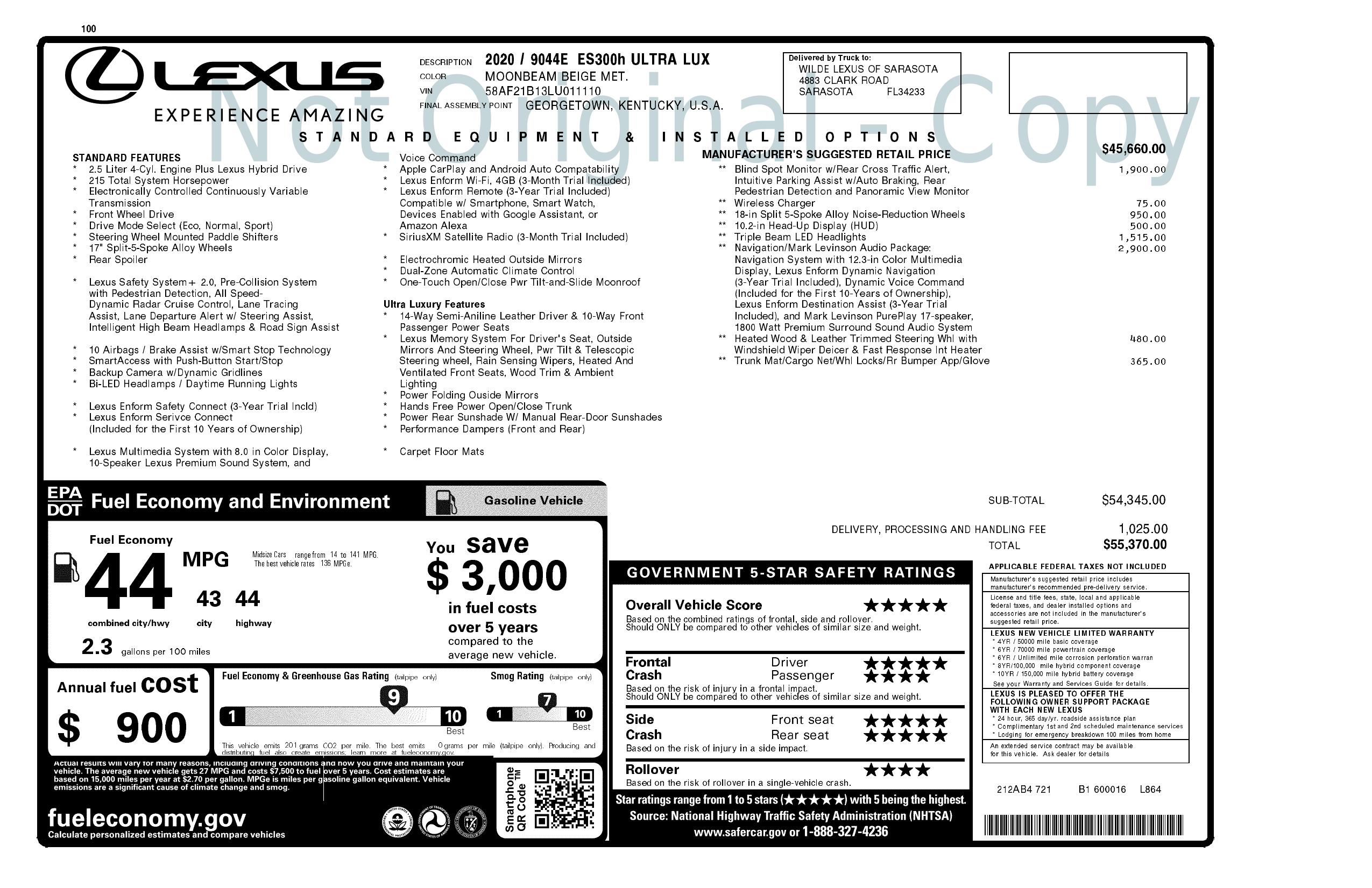 Window Sticker for 2020 Lexus Es Es 300h Ultra Luxury Fwd