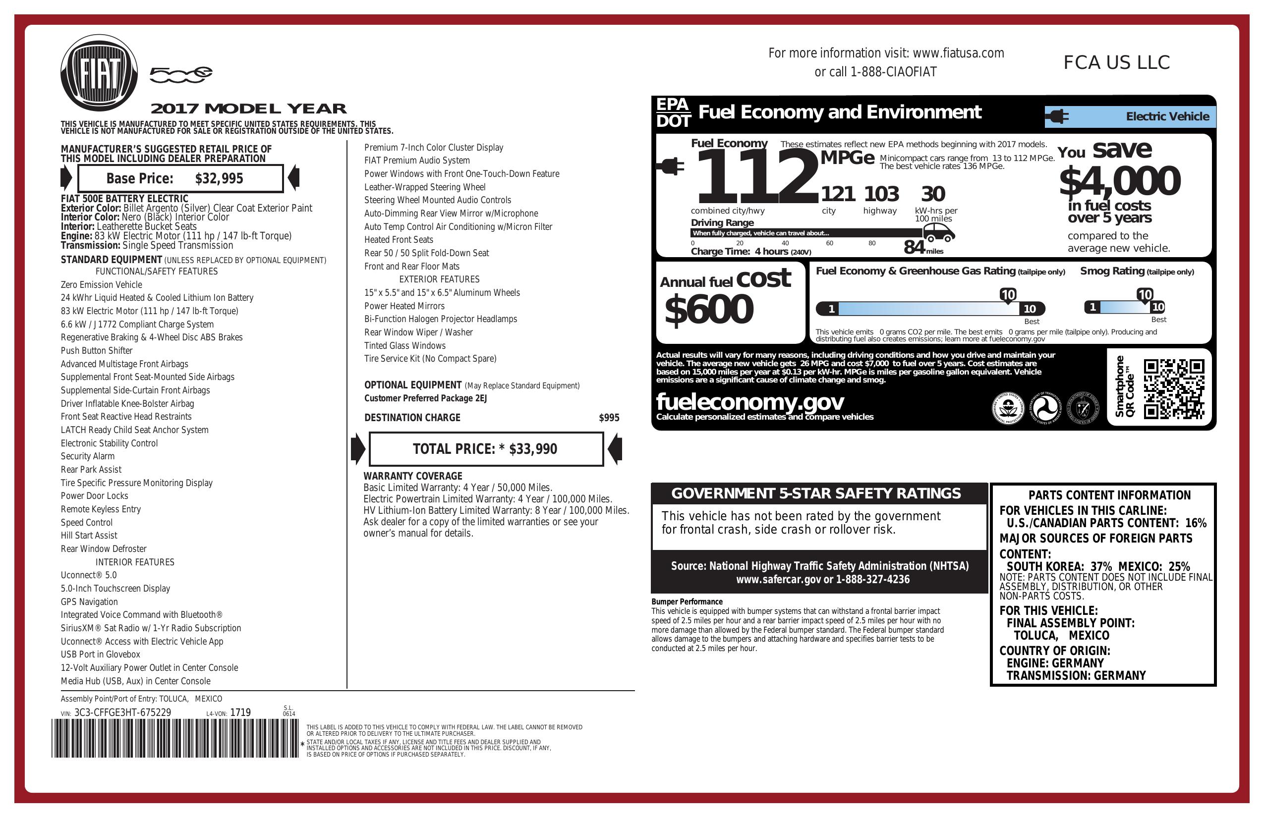 Window Sticker for 2017 Fiat 500e Hatch