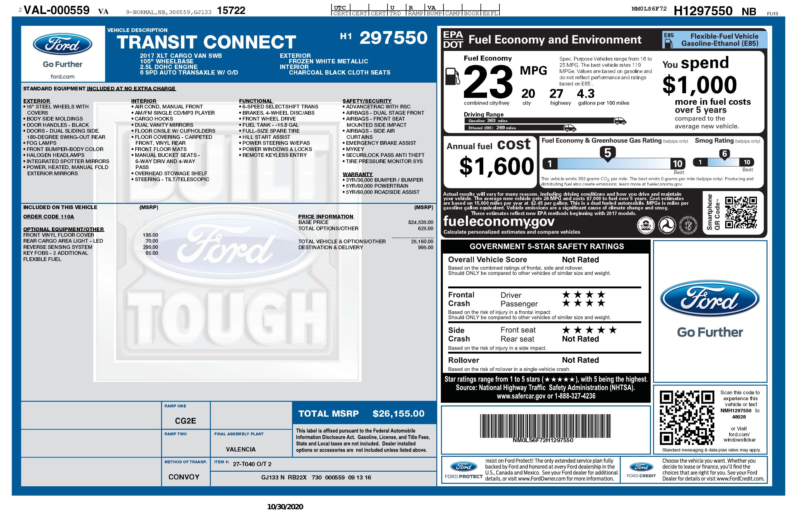 Window Sticker for 2017 Ford Transit Connect Van Xlt Swb W/Rear