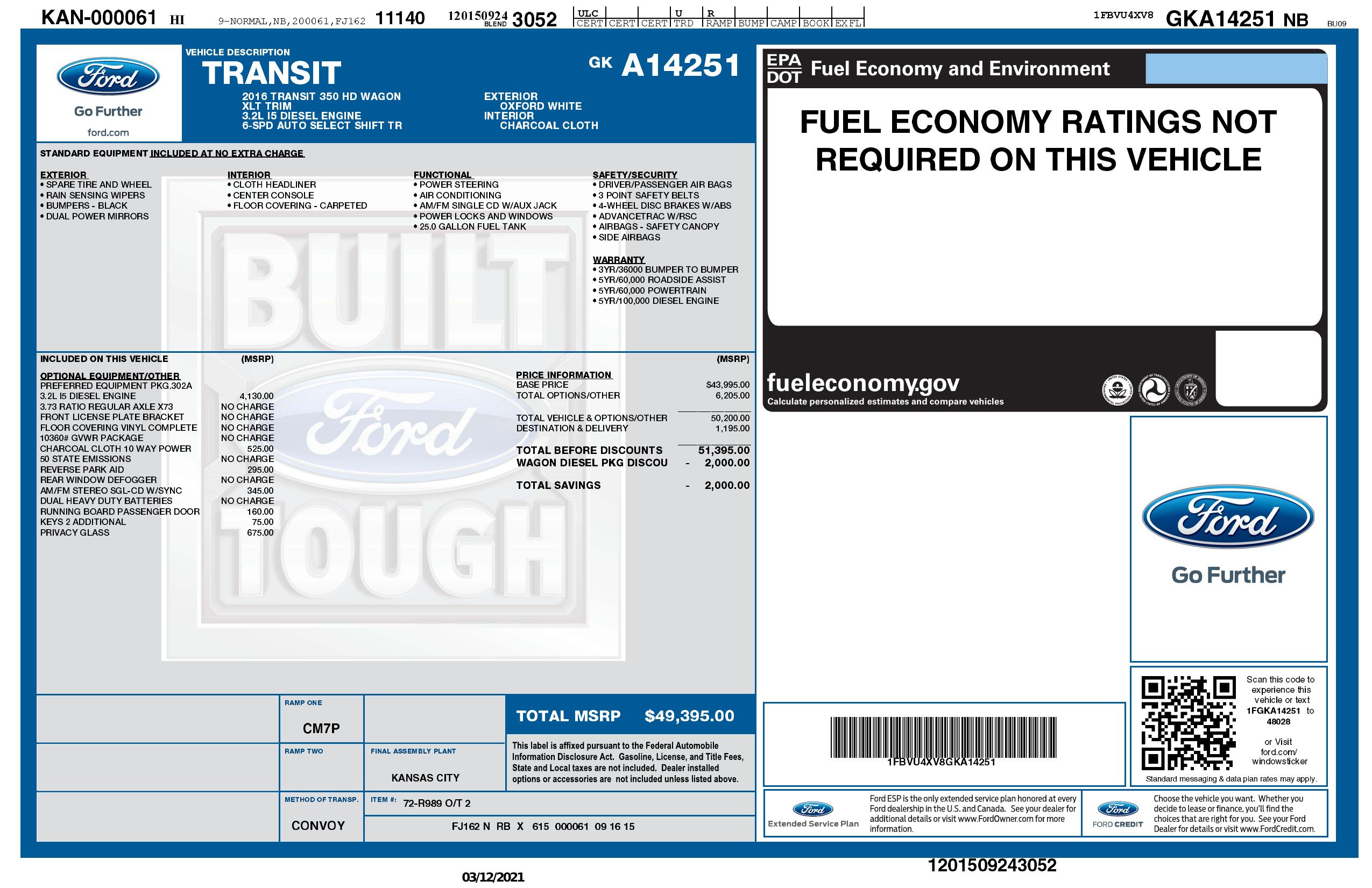 Window Sticker for 2016 Ford Transit 350 T 350 148" El High Roof