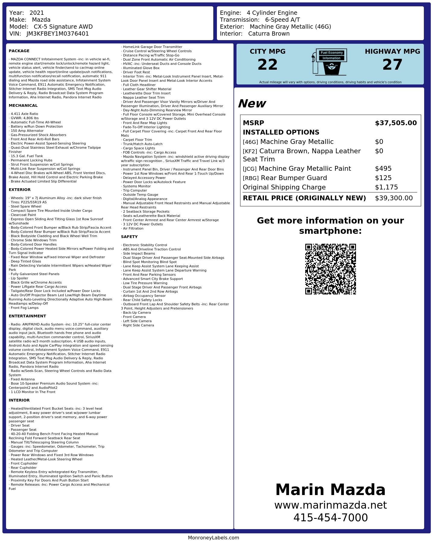 Window Sticker for 2021 Mazda Cx 5 Signature Awd