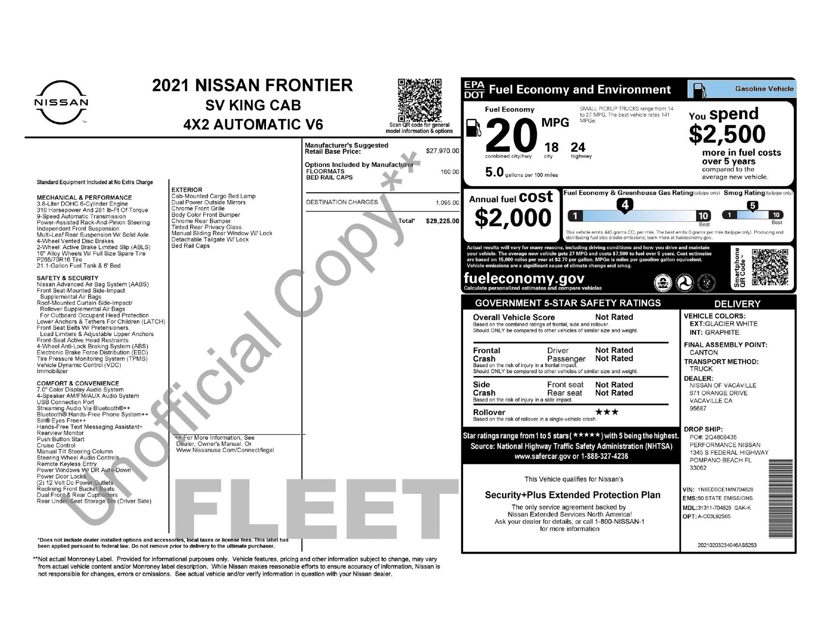 Window Sticker for 2021 Nissan Frontier