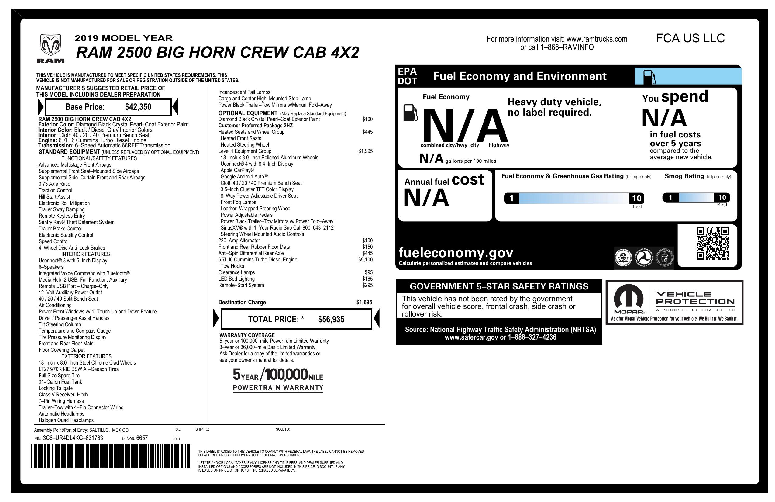 Window Sticker for 2019 Ram 2500 Big Horn 4x2 Crew Cab 6'4" Box