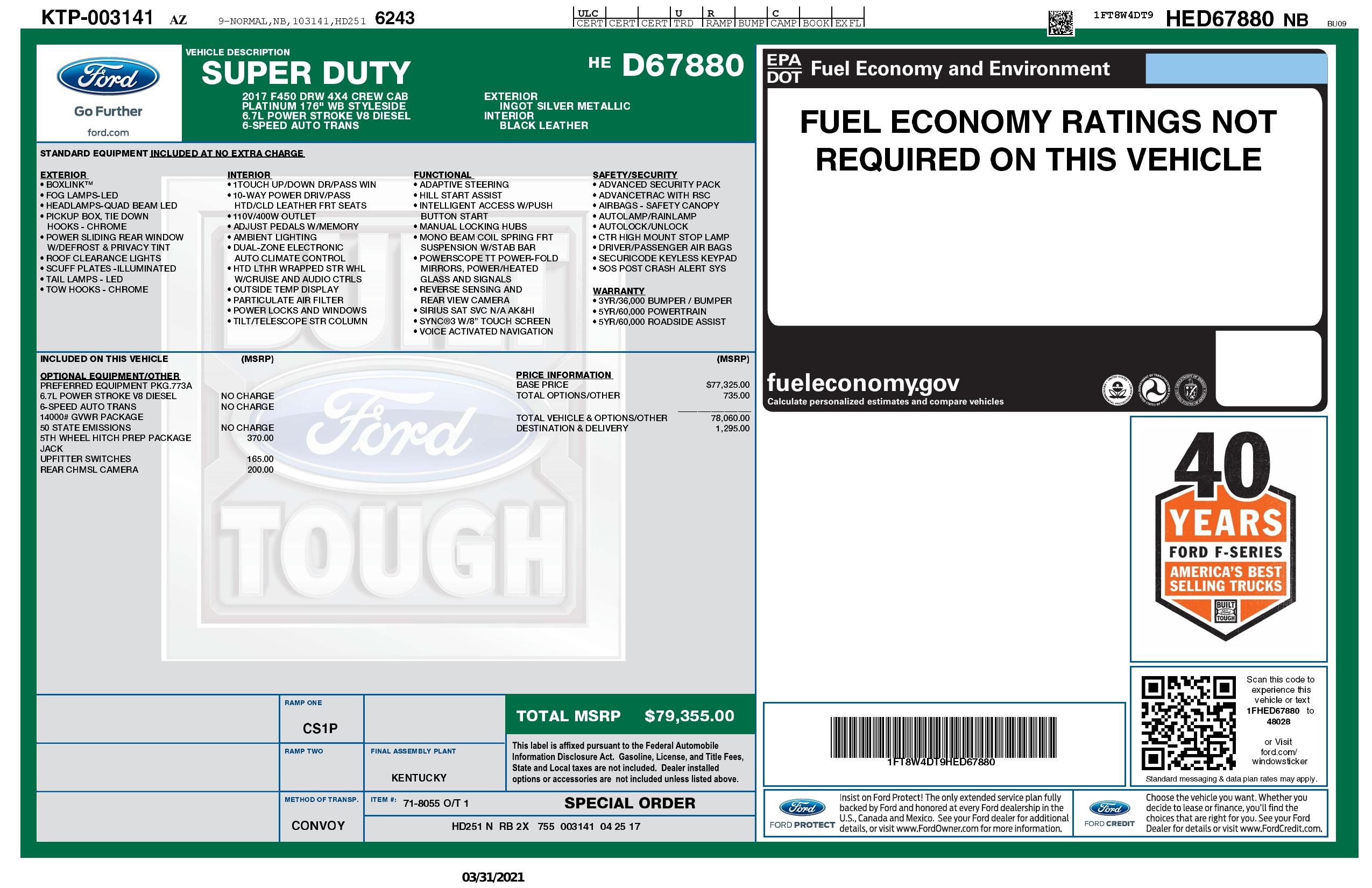 Window Sticker for 2017 Ford F450 Super Duty Crew Cab