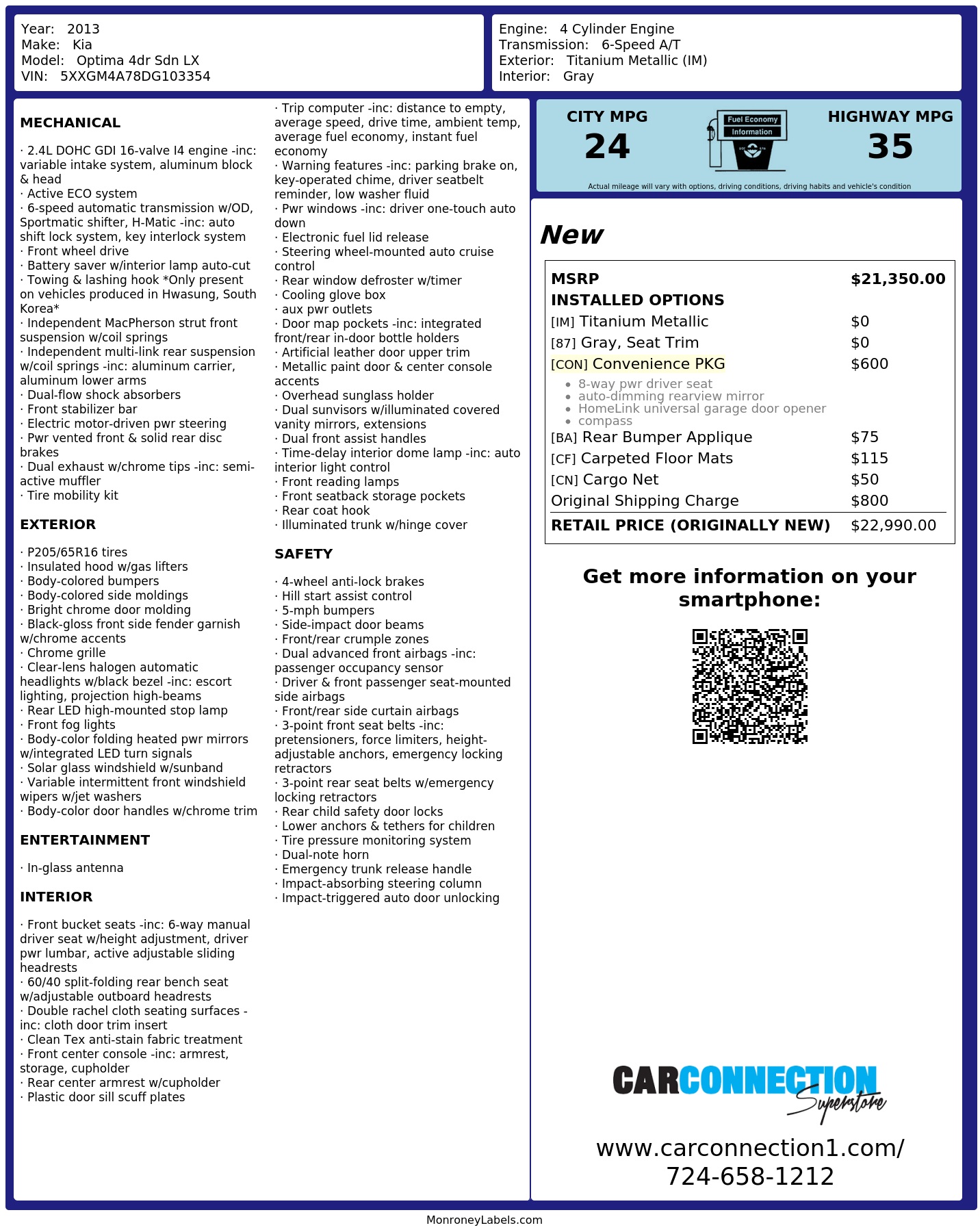 Window Sticker for 2013 Kia Optima 4dr Sdn Lx