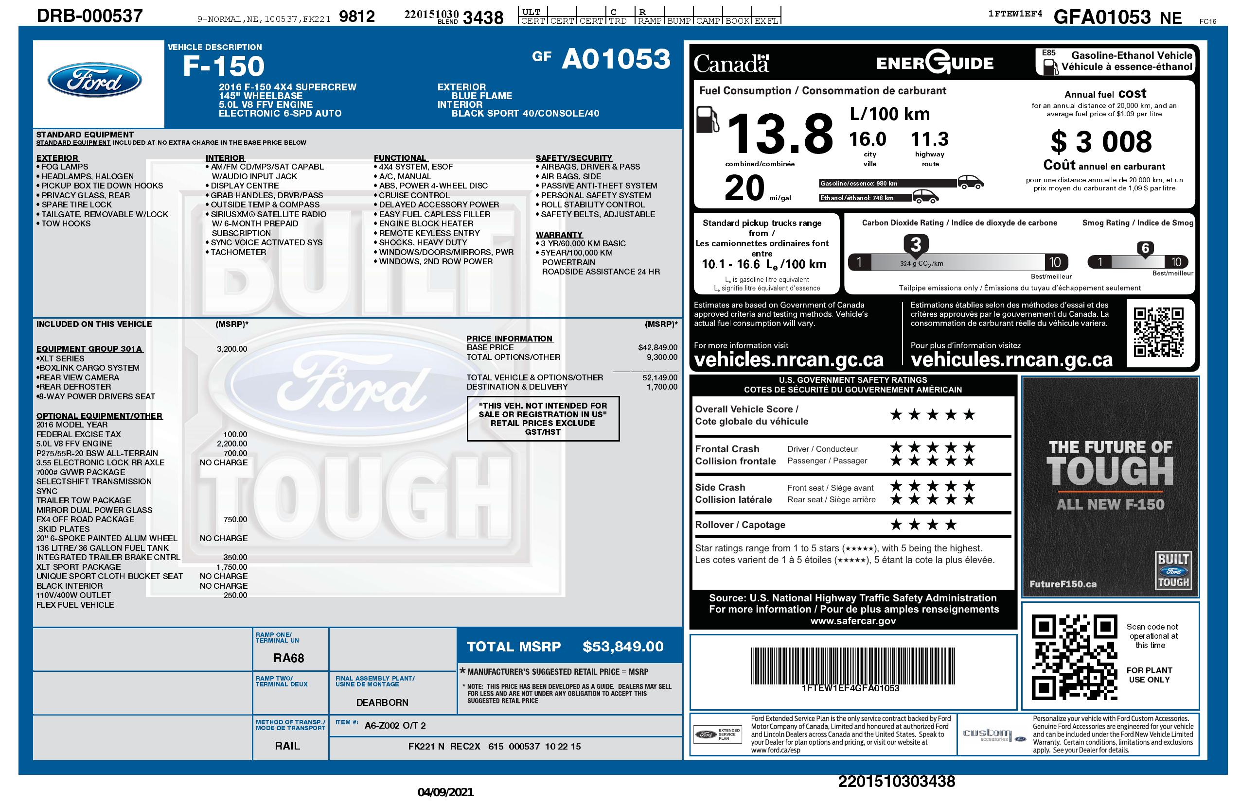 Window Sticker for 2016 Ford F 150 4 Wd Super Crew