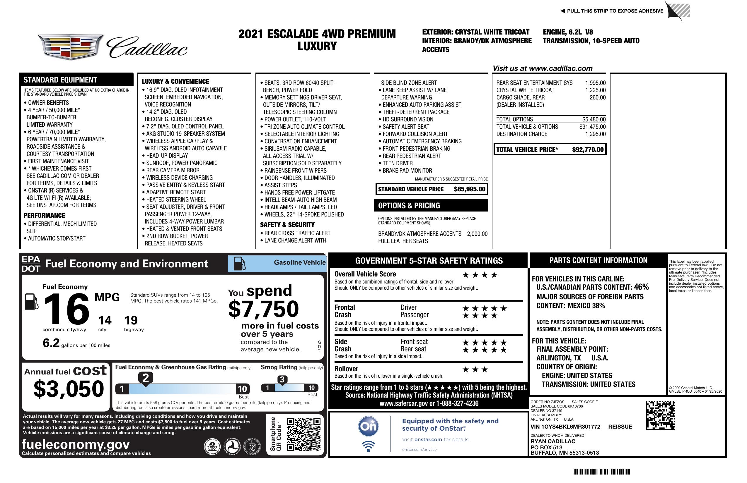 Window sticker for 2021 cadillac escalade premium luxury