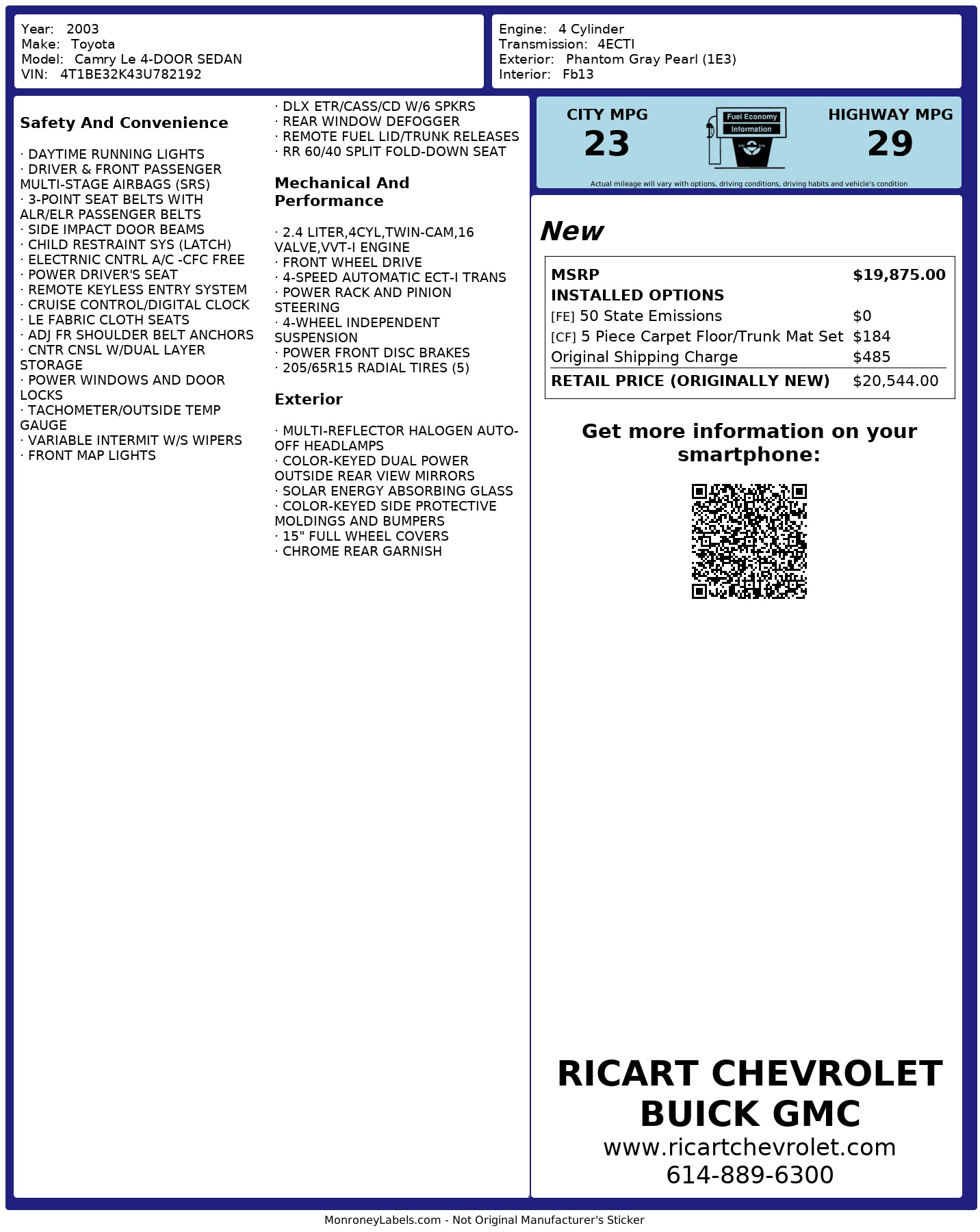 Window Sticker for 2003 Toyota Camry Le 4 Door Sedan