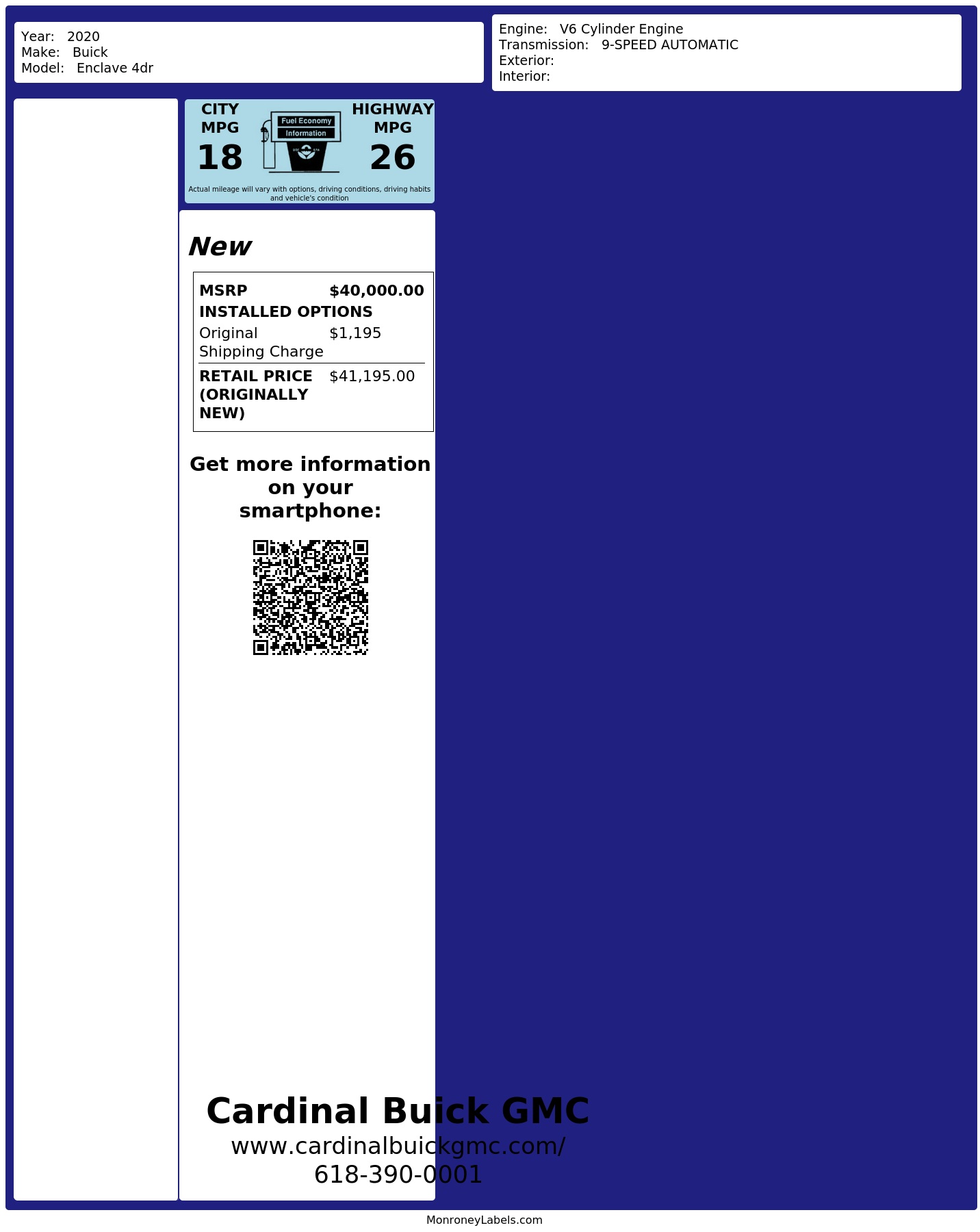Window Sticker for 2020 Buick Enclave 4dr