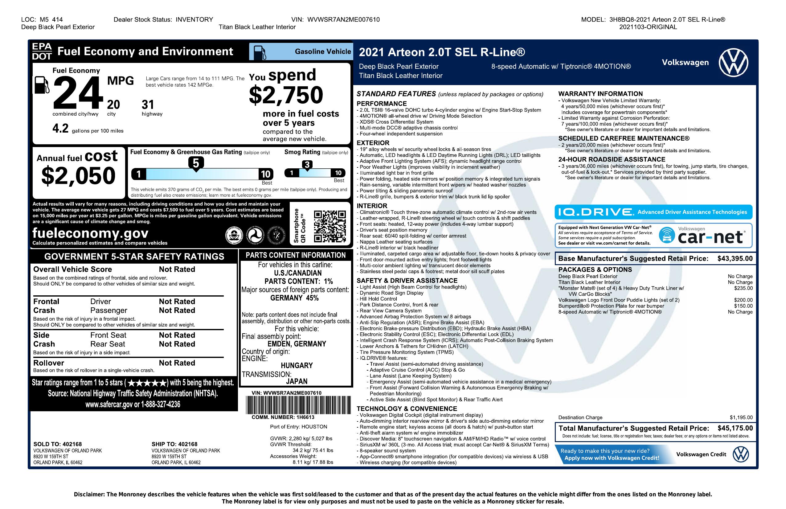 Window Sticker for 2021 Volkswagen Arteon Sel R Line 4 Motion