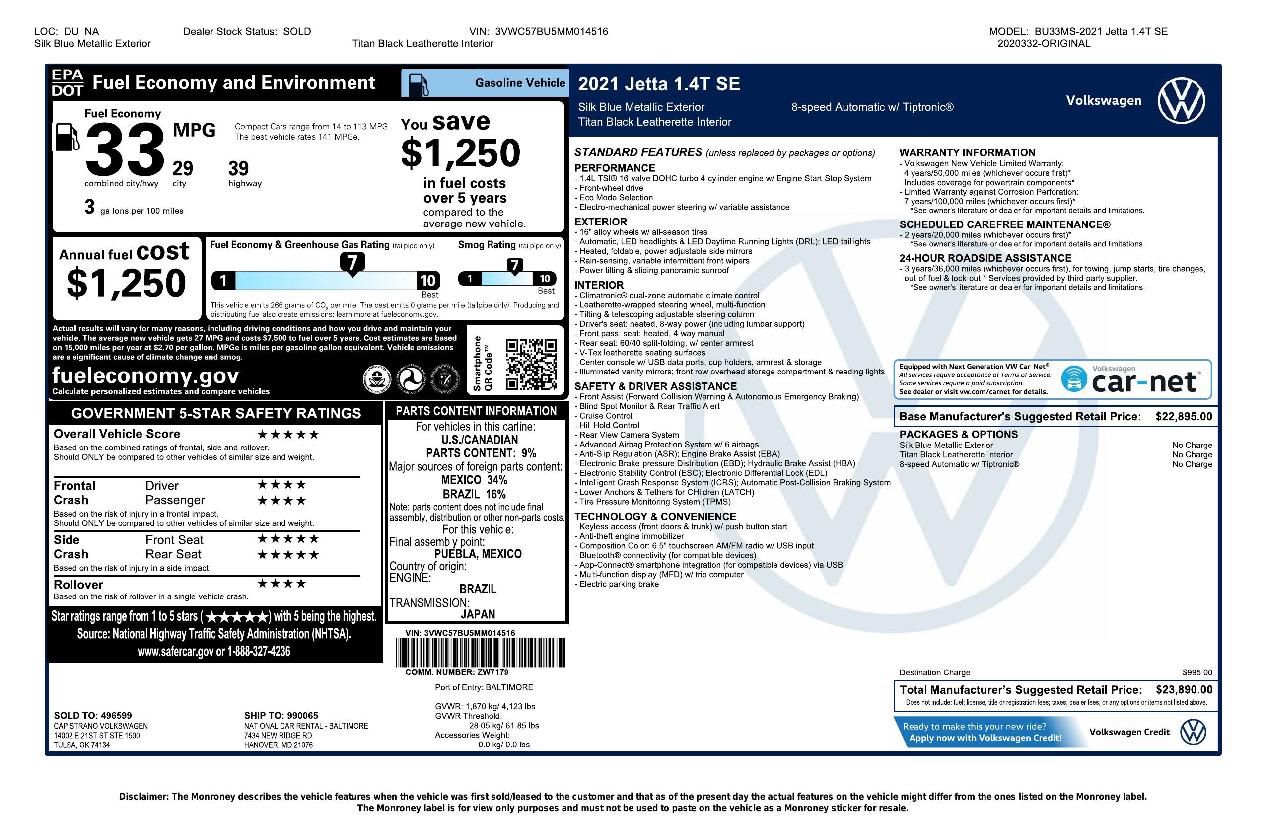 Window sticker for 2021 volkswagen jetta se