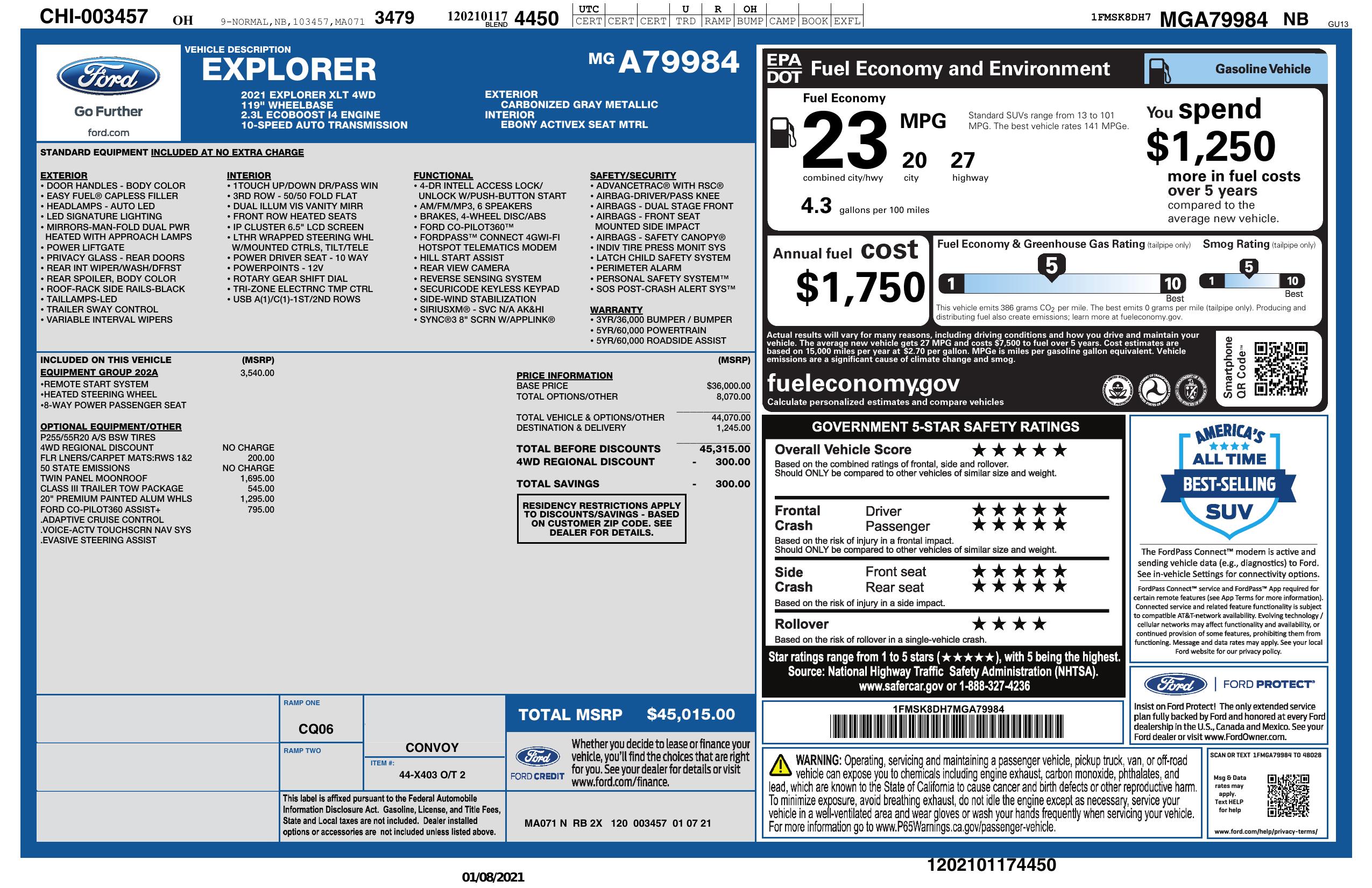 Window Sticker for 2021 Ford Explorer Xlt 4 Wd