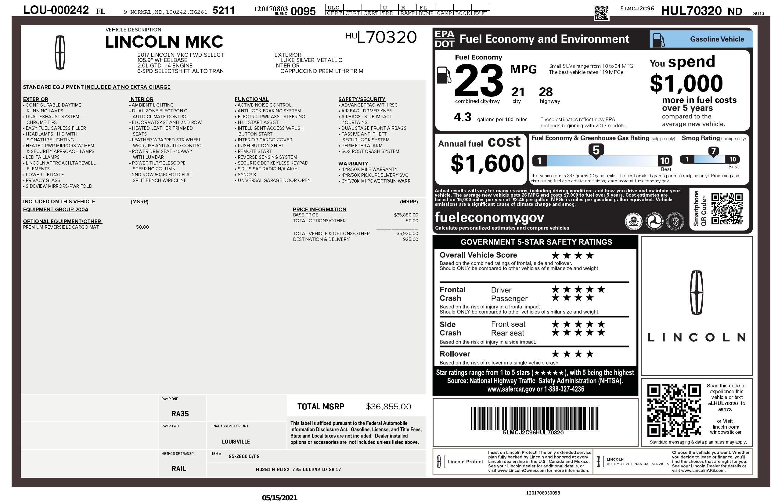 Window Sticker for 2017 Lincoln Mkc Select Fwd