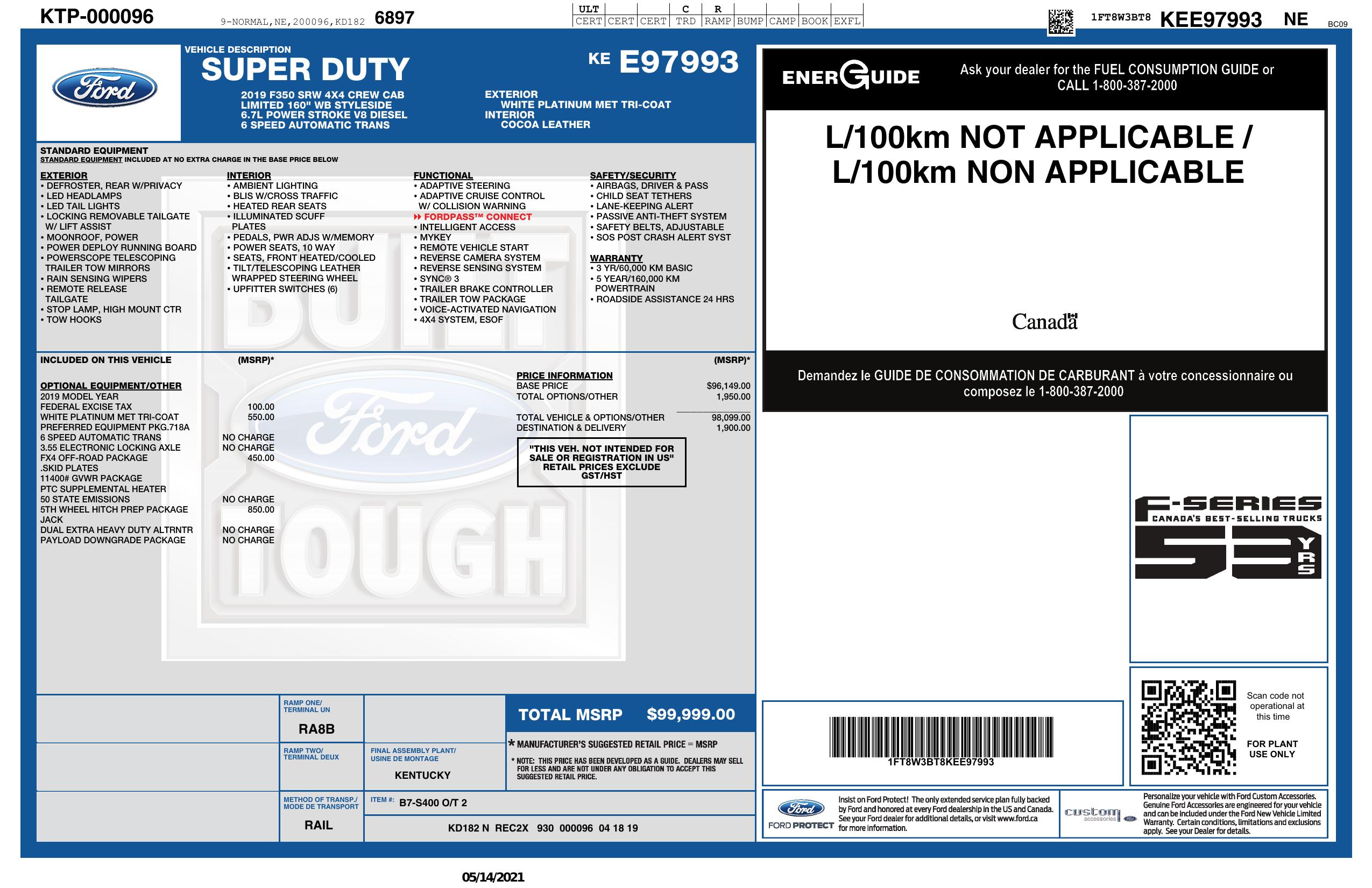 Window Sticker for 2019 Ford F350 Super Duty Crew Cab 4 Wd Crew Cab Box