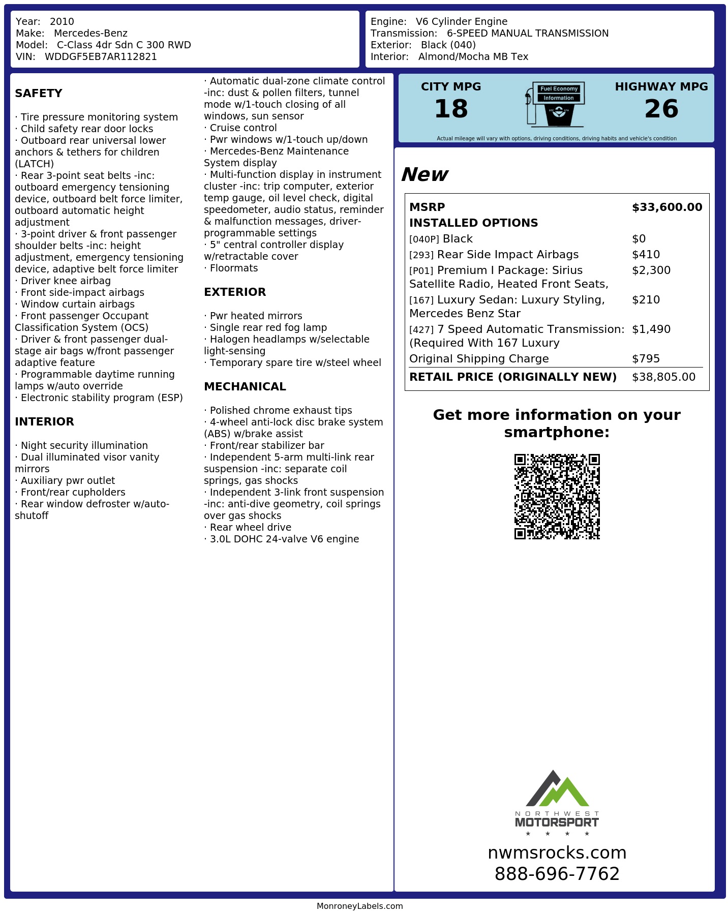 Window Sticker for 2010 Mercedes Benz C Class 4dr Sdn C 300 Rwd