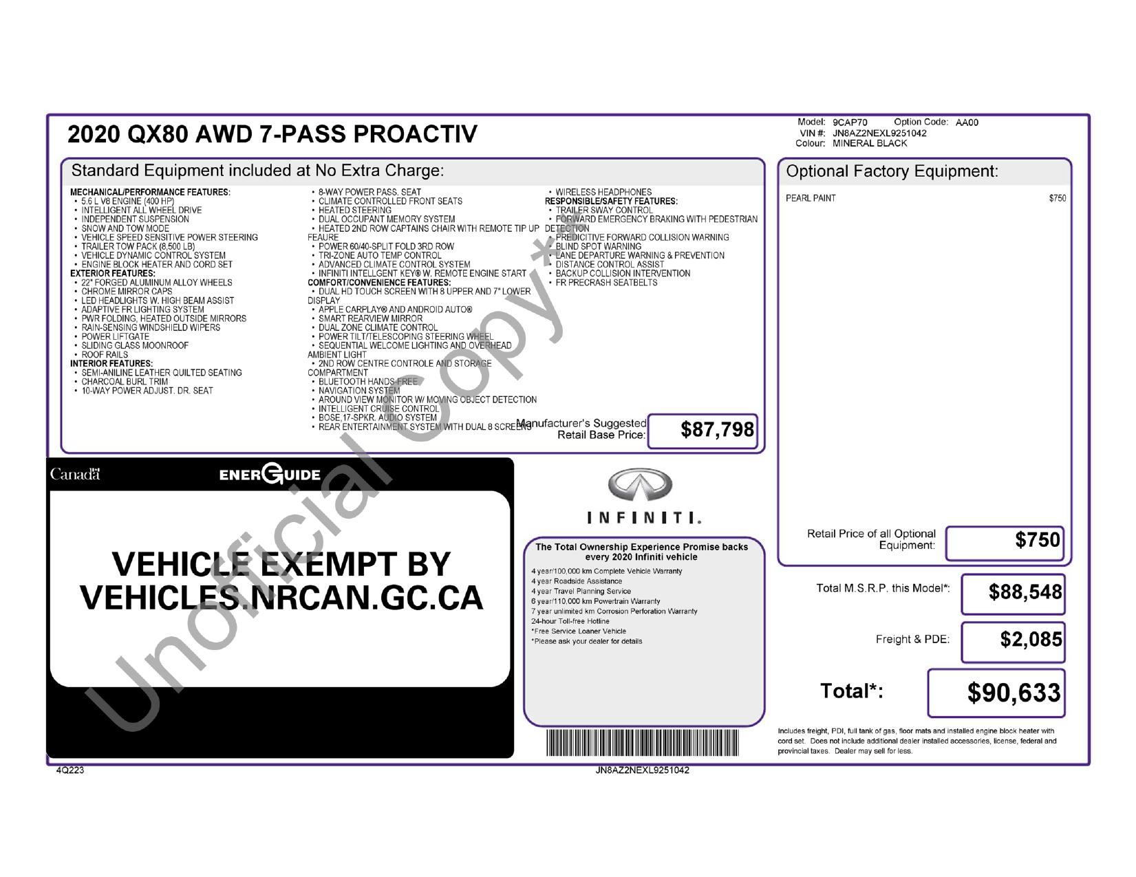 Window Sticker for 2020 Infiniti Qx80