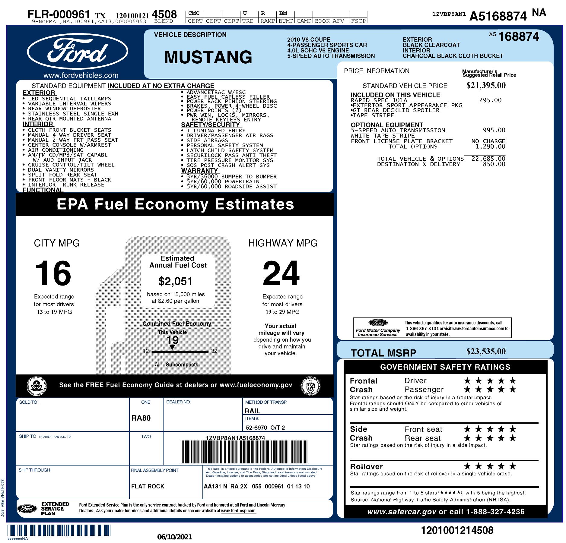 Window Sticker for 2010 Ford Mustang 2dr Cpe V6