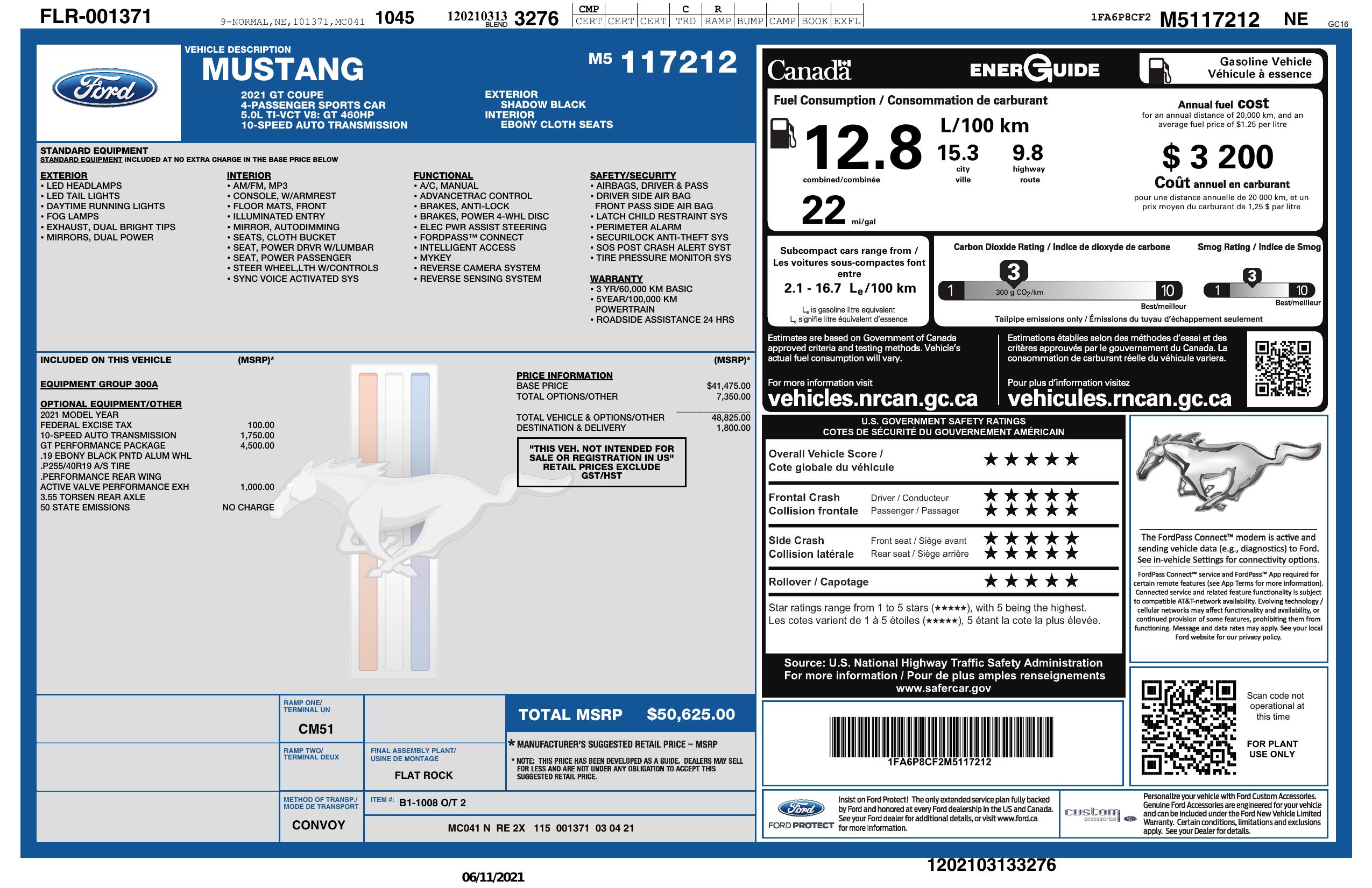 Window Sticker for 2021 Ford Mustang Gt