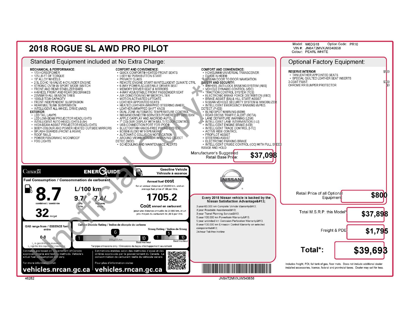 Window Sticker for 2018 Nissan Rogue Awd