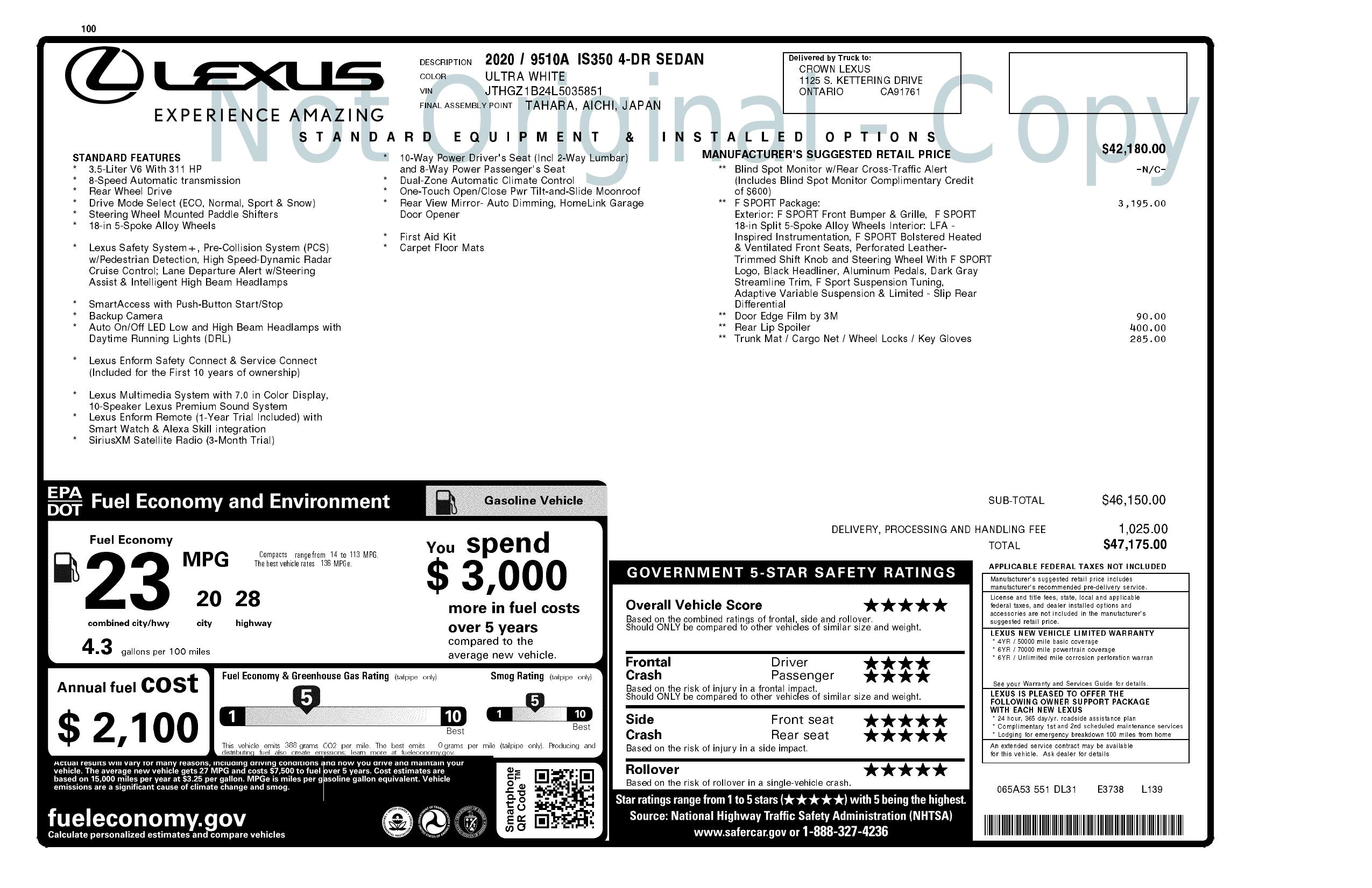 Window Sticker For 2020 Lexus Is Is 350 F Sport Rwd Window Sticker For 2020 Lexus Is Is 350 F Sport Rwd