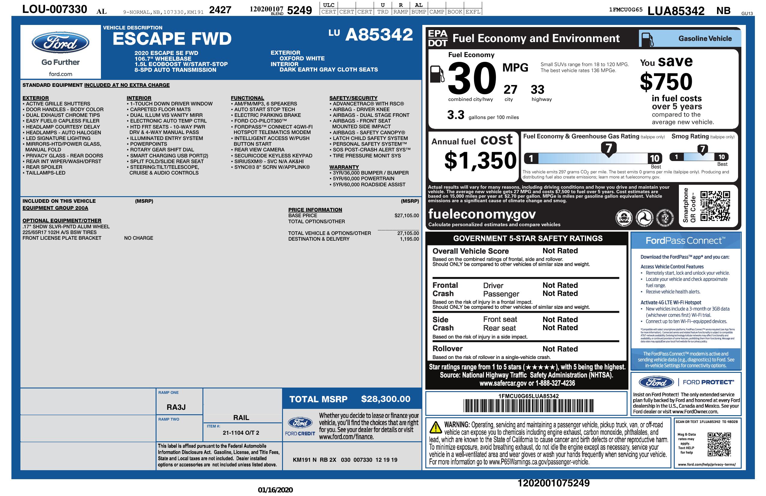 Window Sticker for 2020 Ford Escape Se Fwd