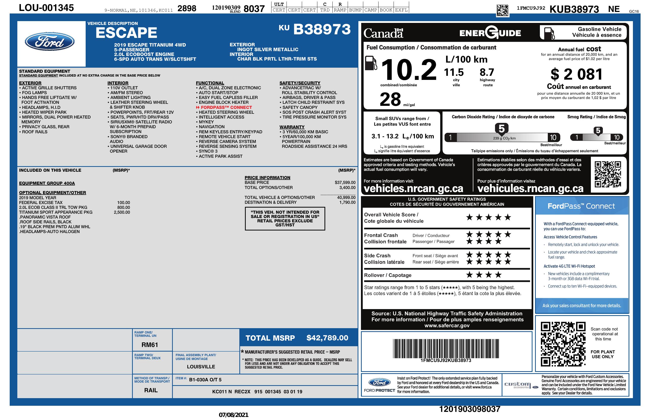 Window Sticker for 2019 Ford Escape Titanium 4 Wd