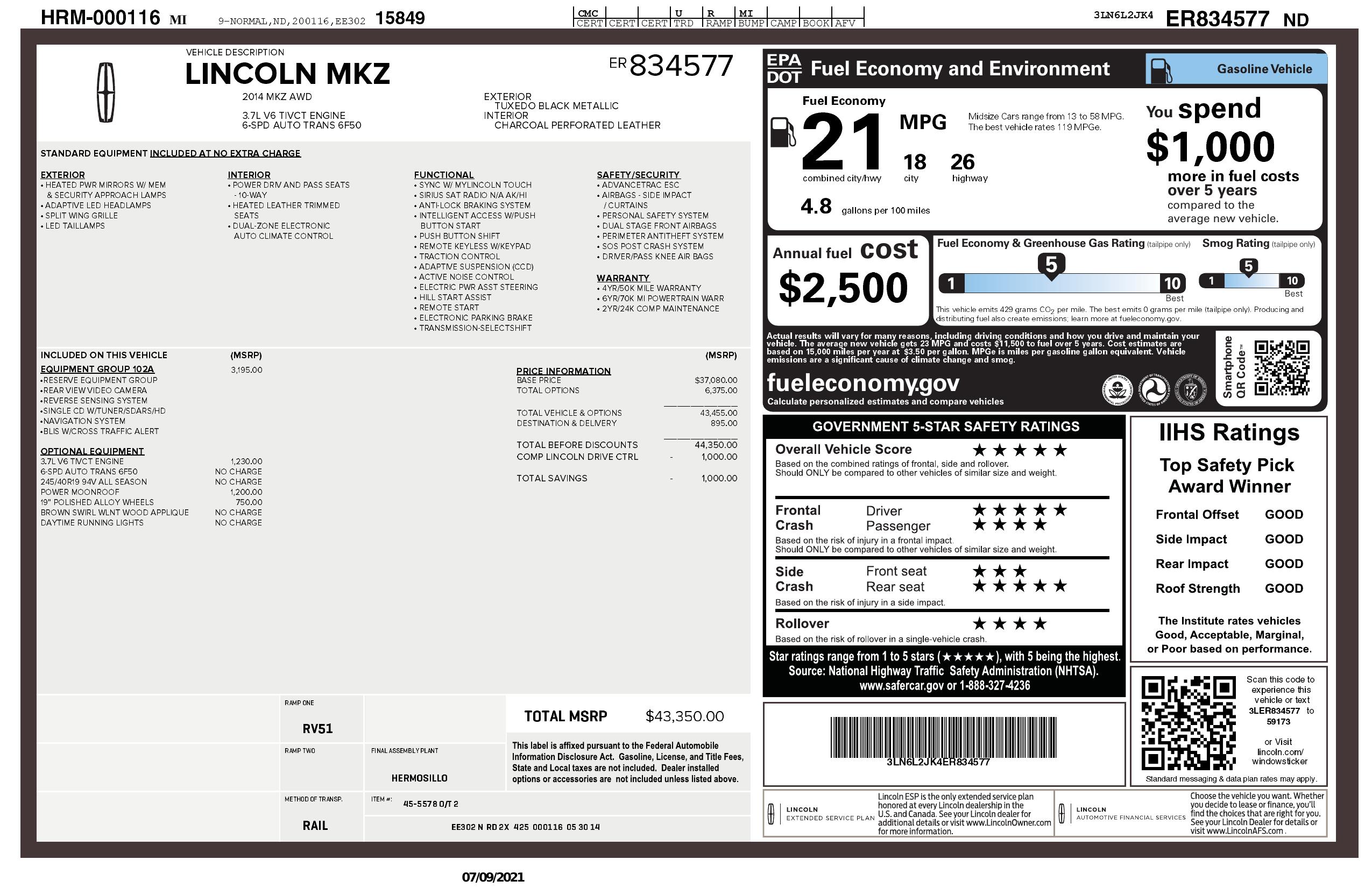 Window sticker for 2014 lincoln mkz 4dr sdn awd