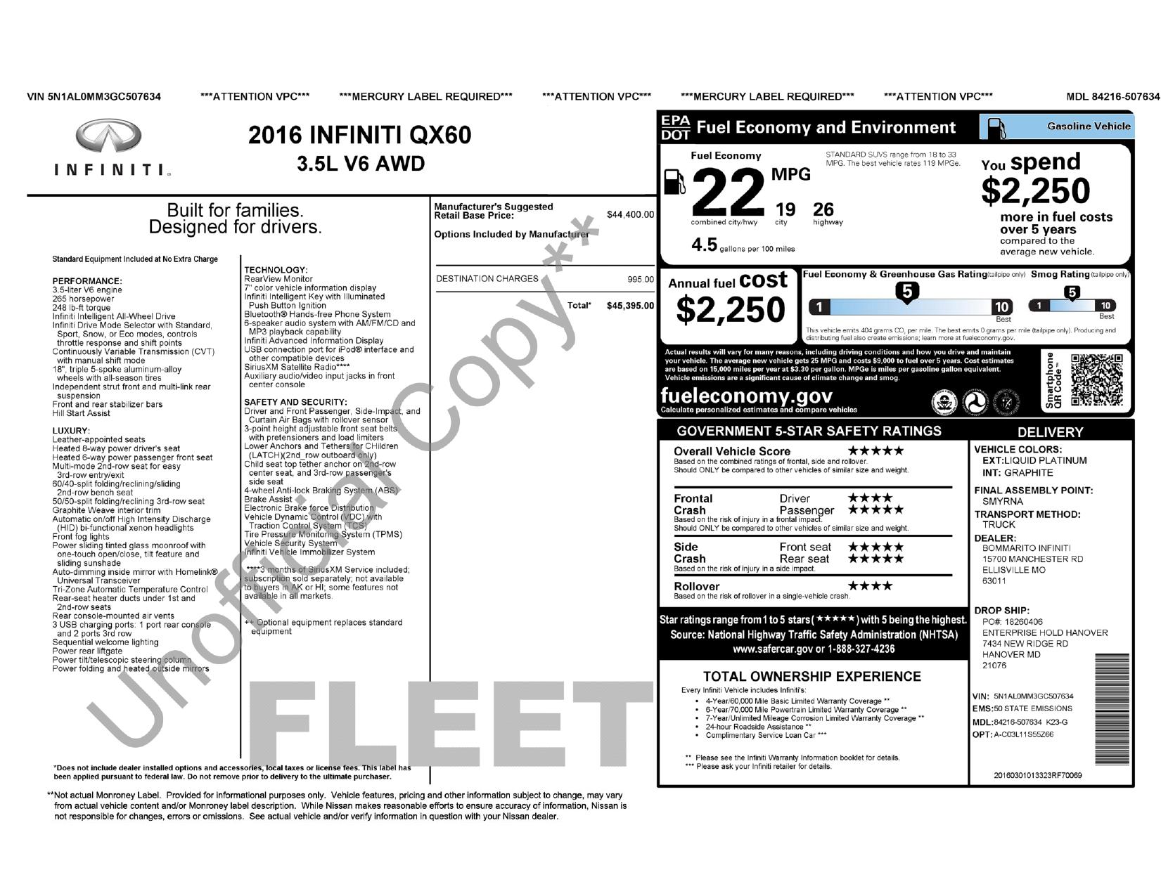 Window Sticker for 2016 Infiniti Qx60 Awd 4dr