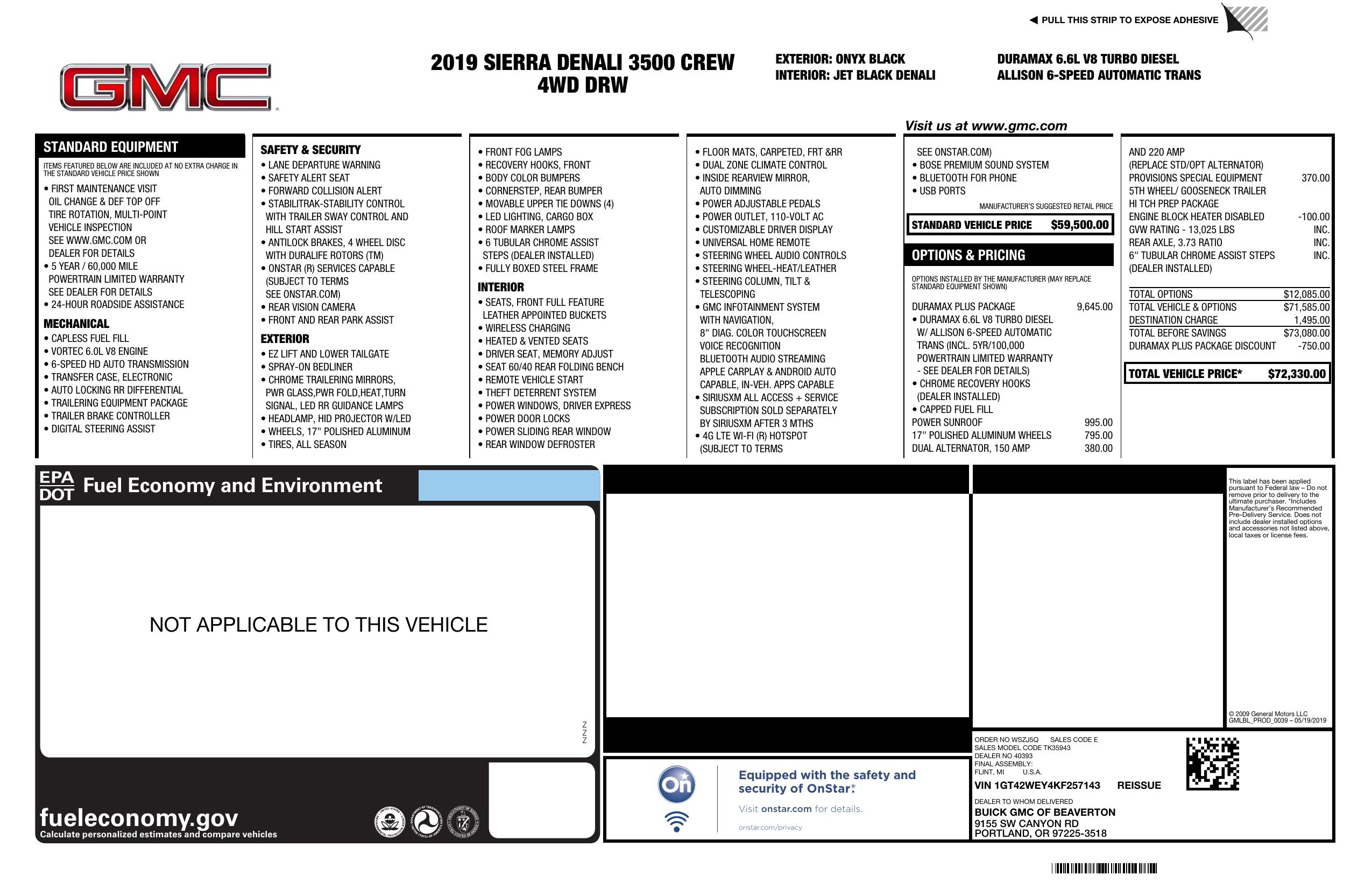 Window Sticker for 2019 GMC Sierra 3500 Hd 4 Wd Crew Cab 167.7" Denali