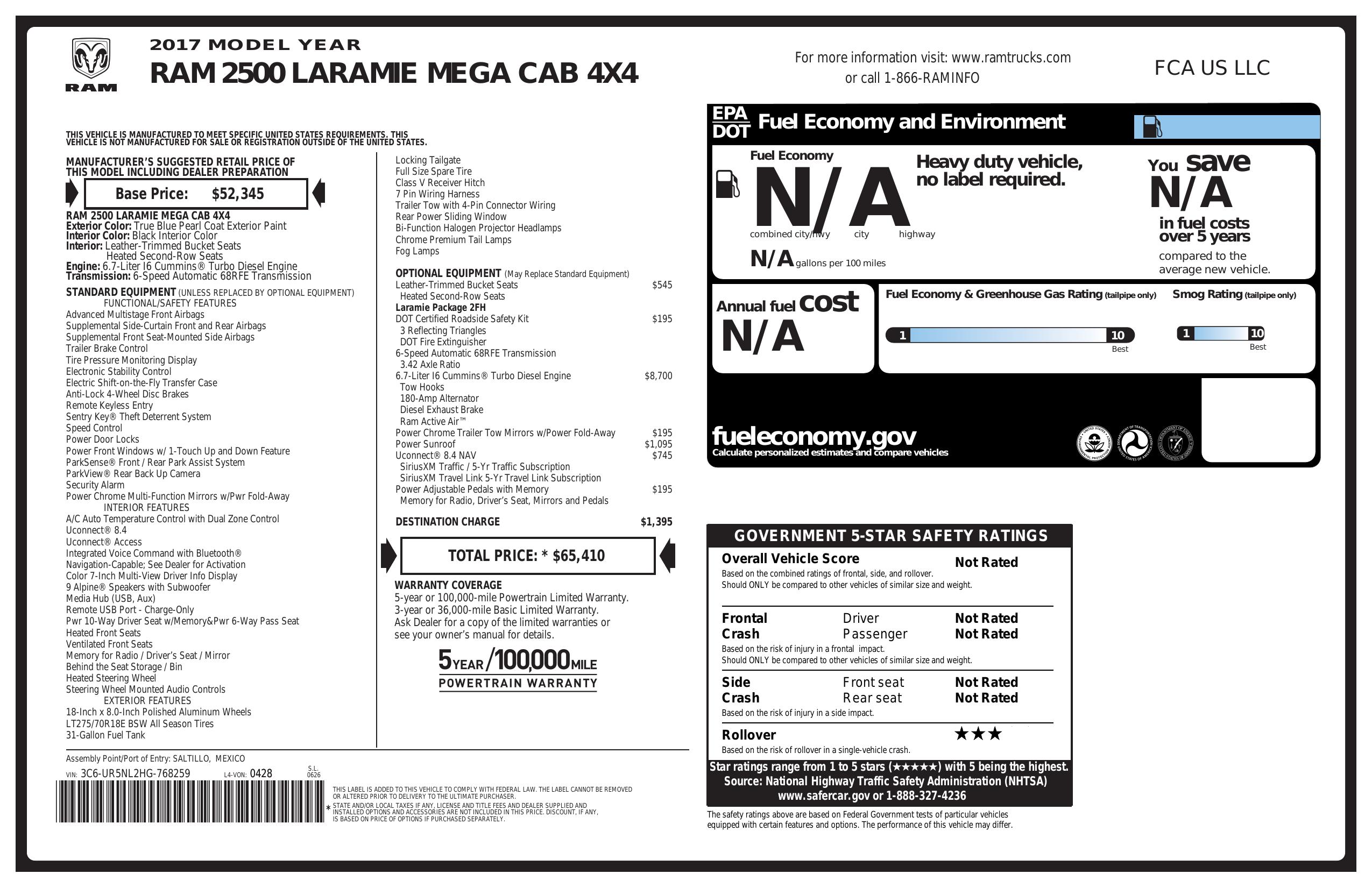 Window Sticker for 2017 Ram 2500 Laramie 4x4 Mega Cab 6'4" Box