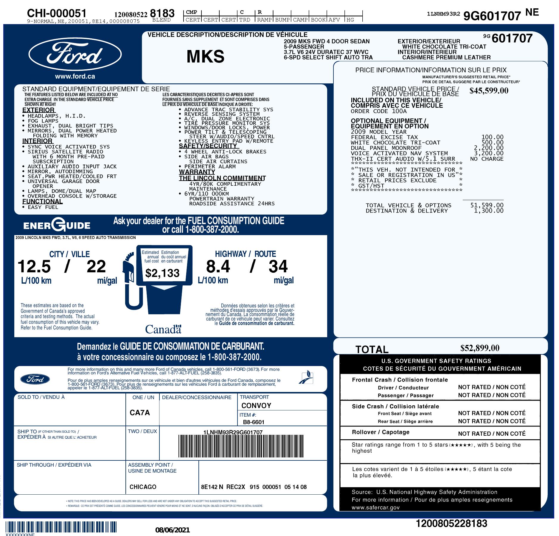 Window Sticker for 2009 Lincoln Mks 4dr Sdn Fwd