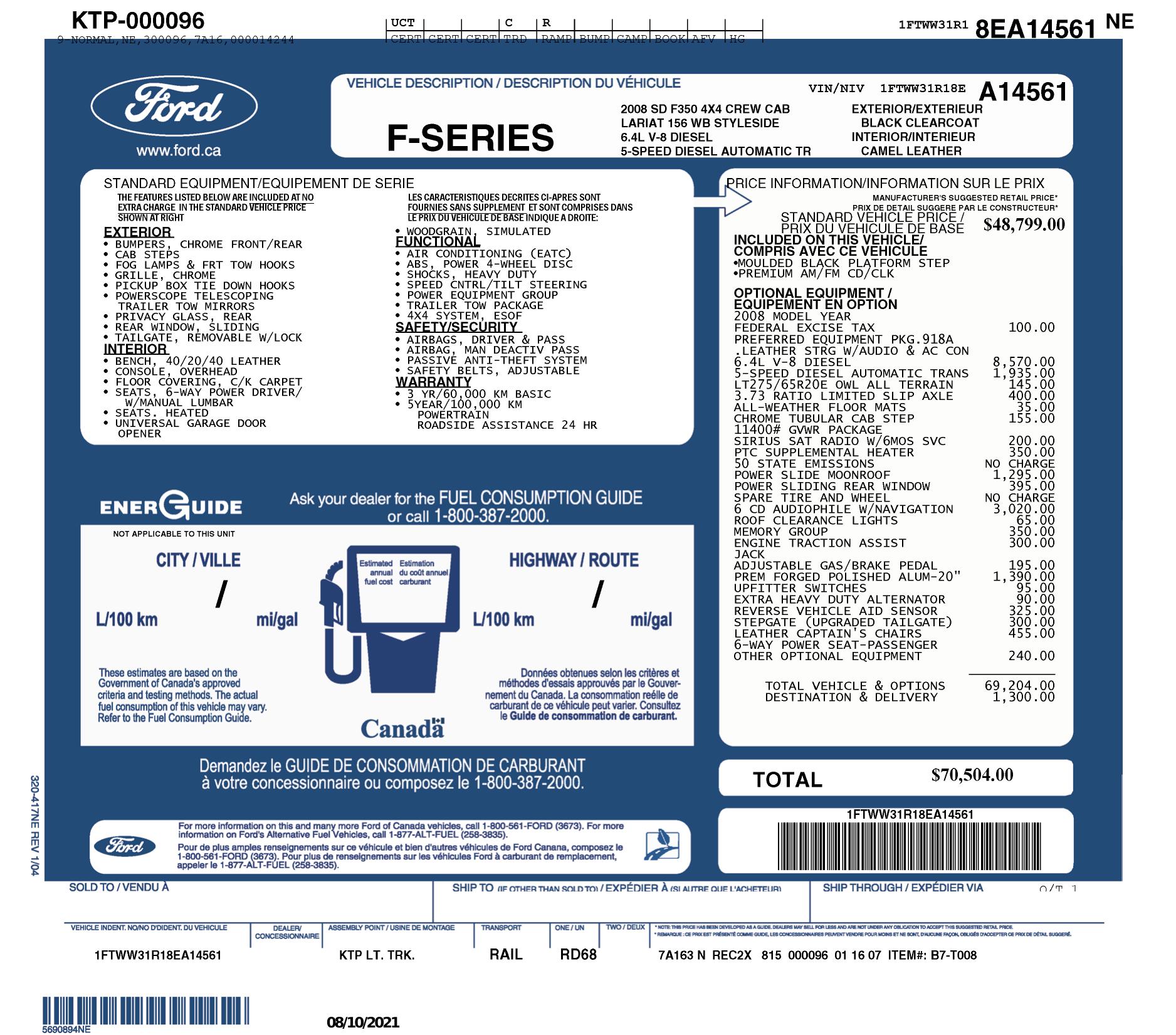 Window Sticker for 2008 Ford Super Duty F 350 Srw 4 Wd Crew Cab