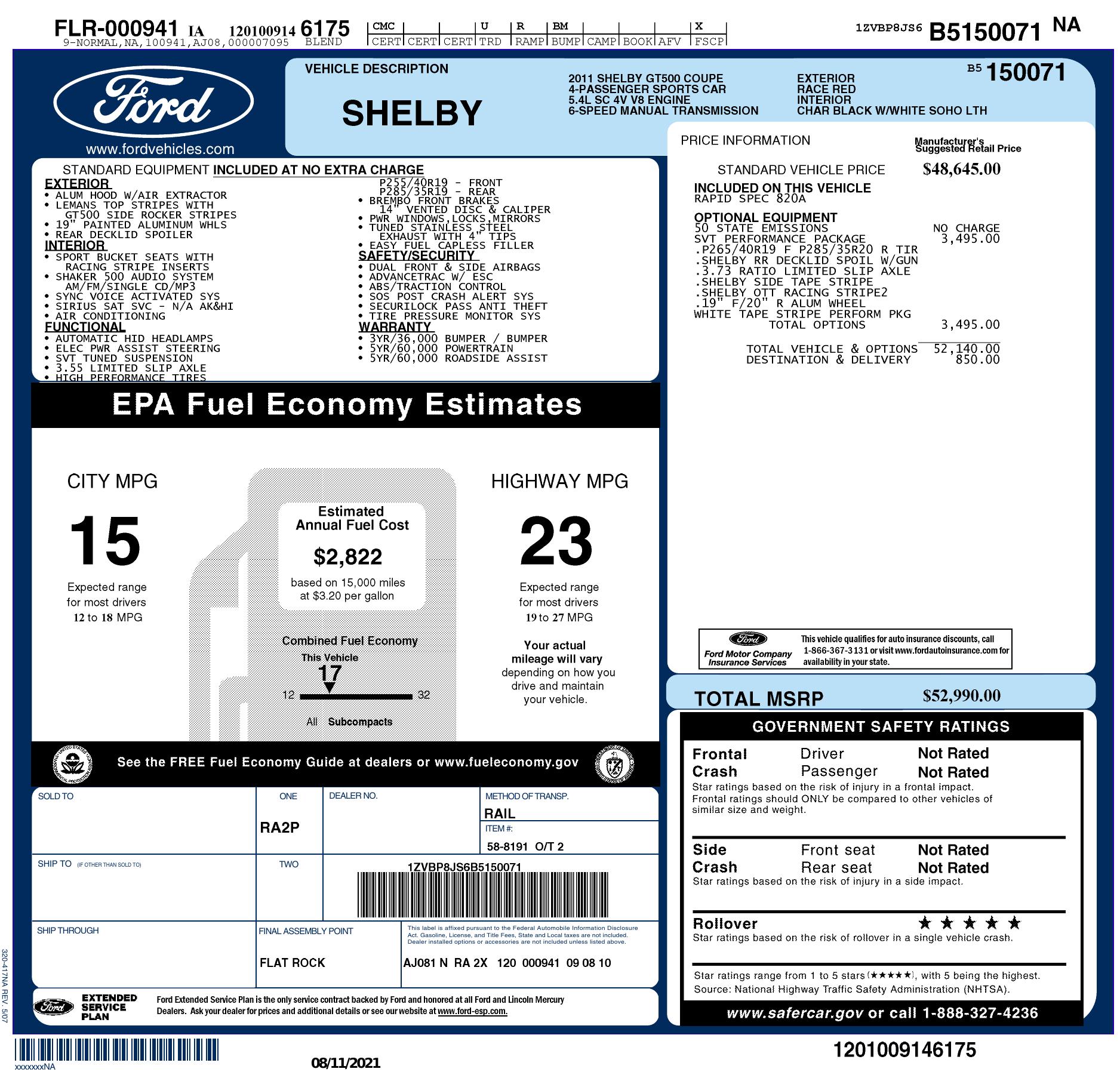 Window Sticker for 2011 Ford Mustang 2dr Cpe Shelby Gt500