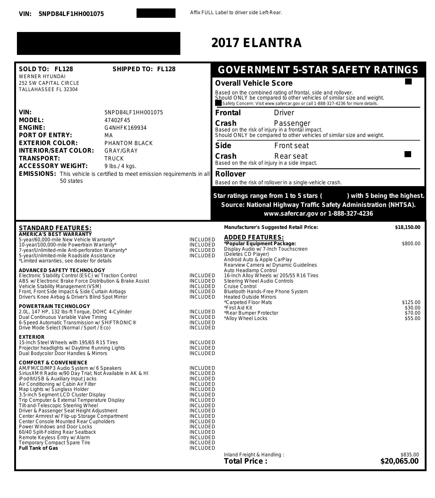 Original window sticker for 2017 HYUNDAI ELANTRA SE
