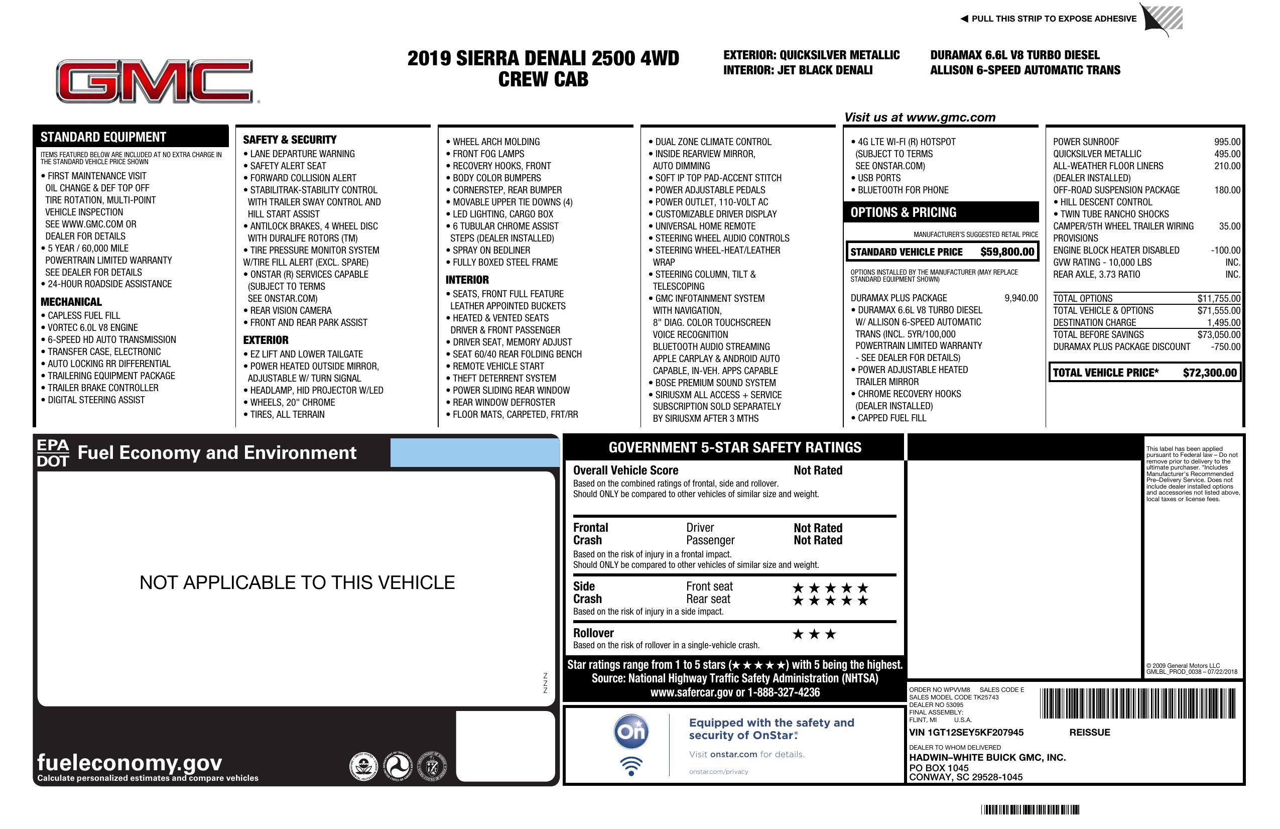 Window Sticker for 2019 GMC Sierra 2500 Hd 4 Wd Crew Cab 153.7" Denali