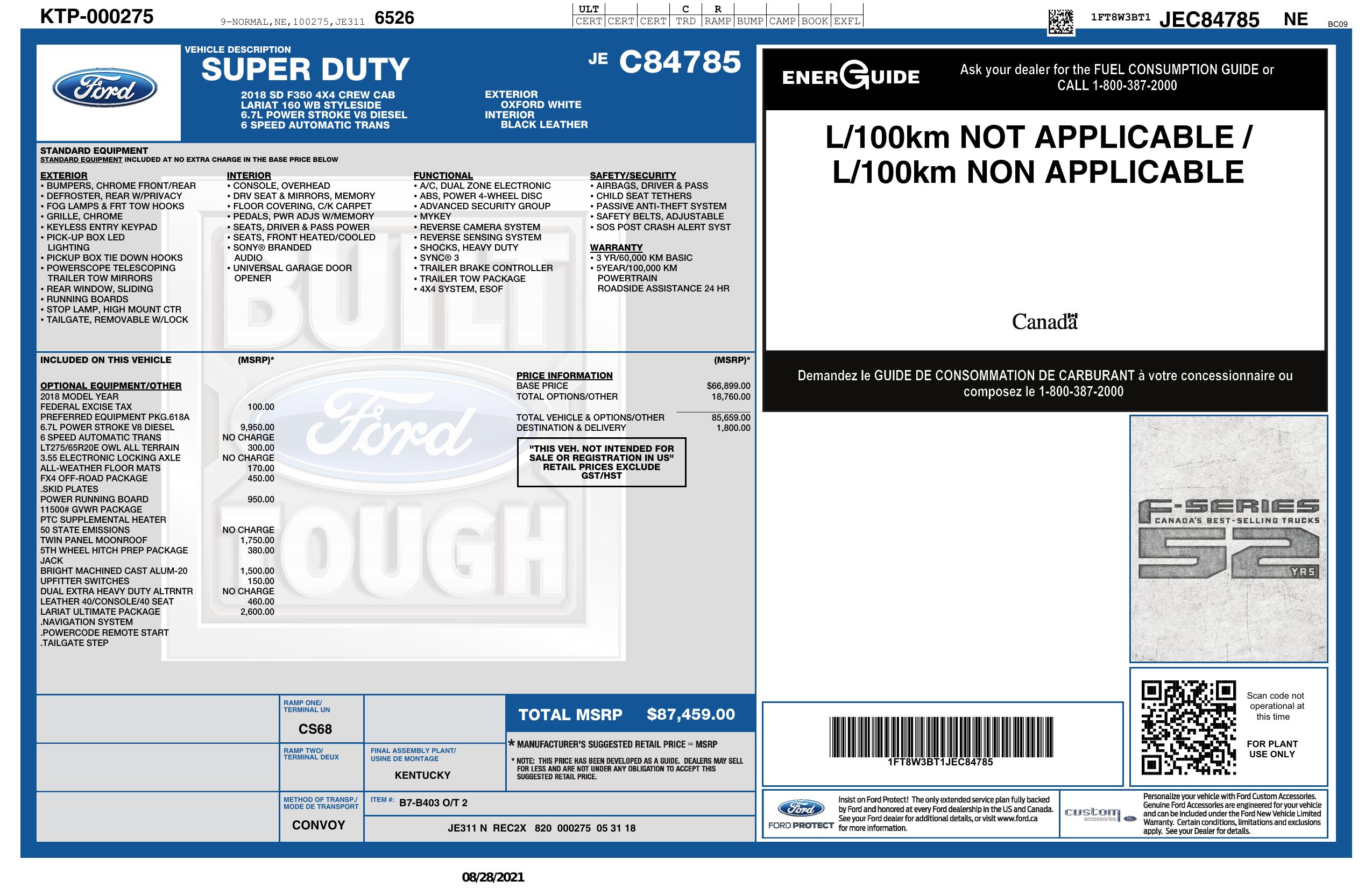 Window Sticker for 2018 Ford Super Duty F 350 Srw 4 Wd Crew Cab Box