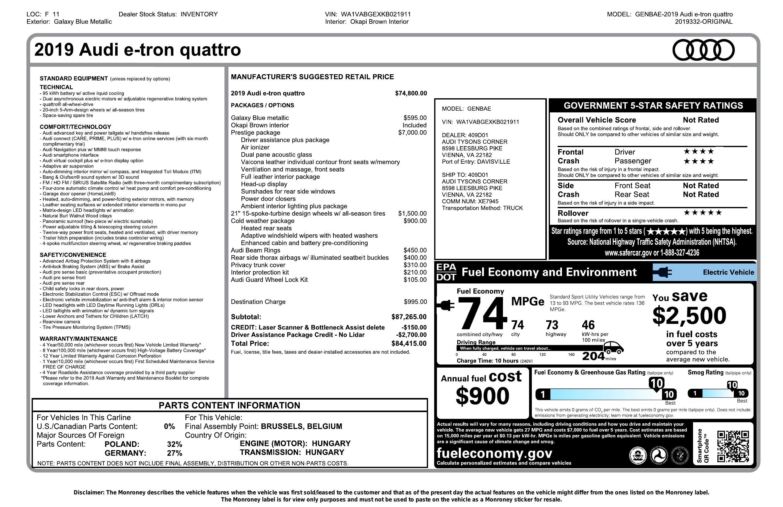 Window Sticker for 2019 Audi E Tron Prestige Quattro