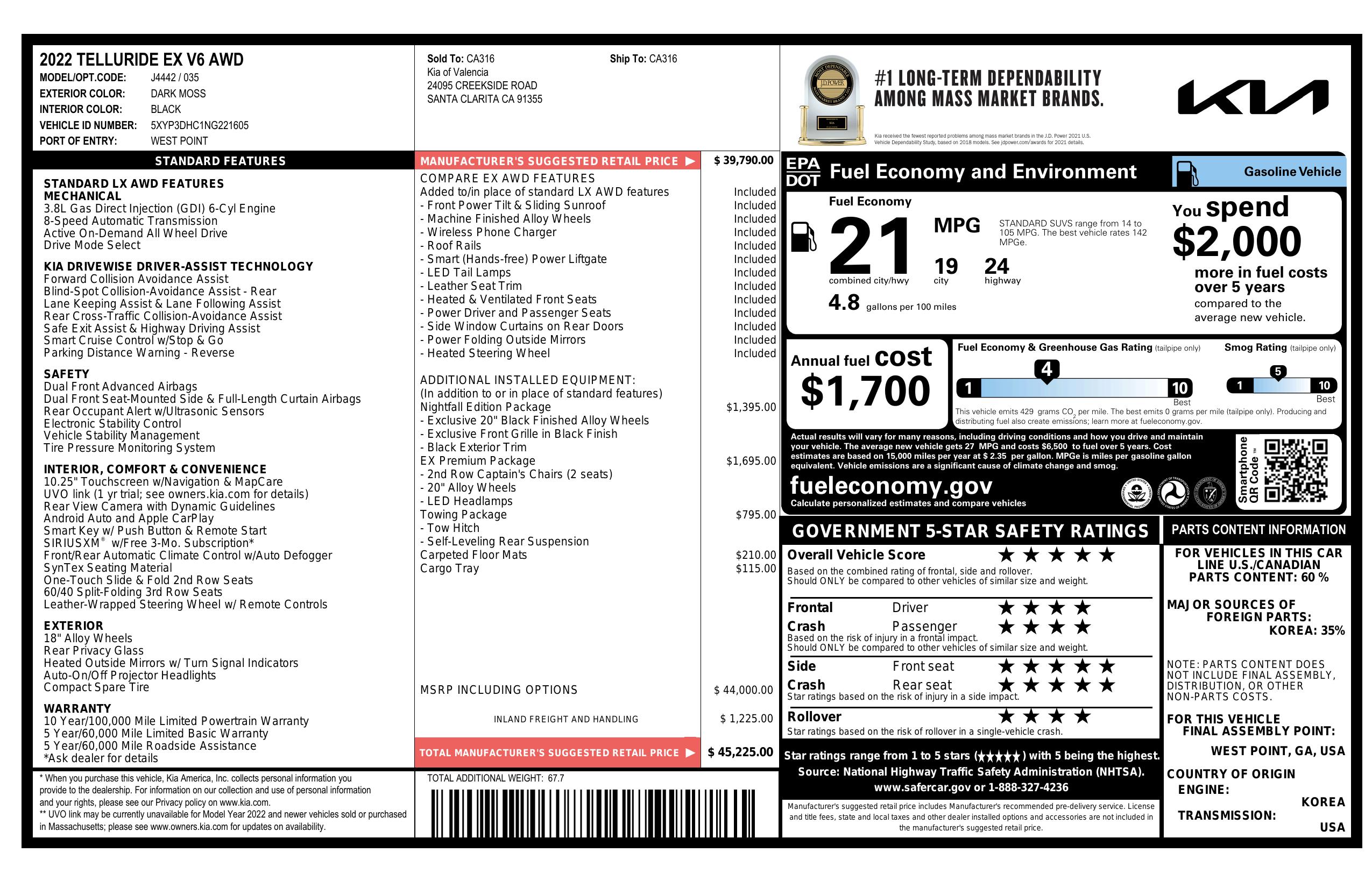 Window Sticker for 2022 Kia Telluride Ex Awd