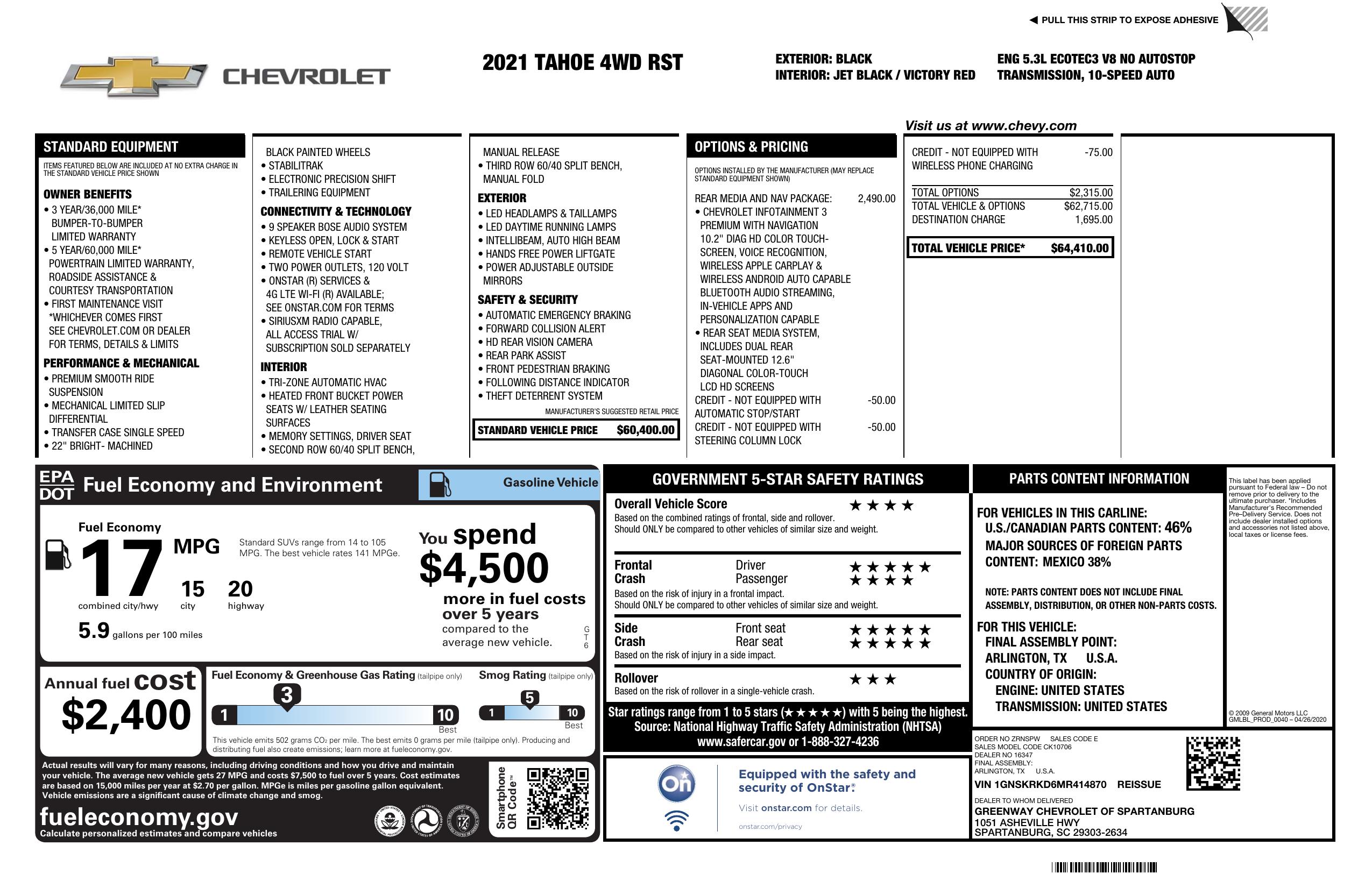 Window Sticker for 2021 Chevrolet Tahoe 4 Wd 4dr Rst