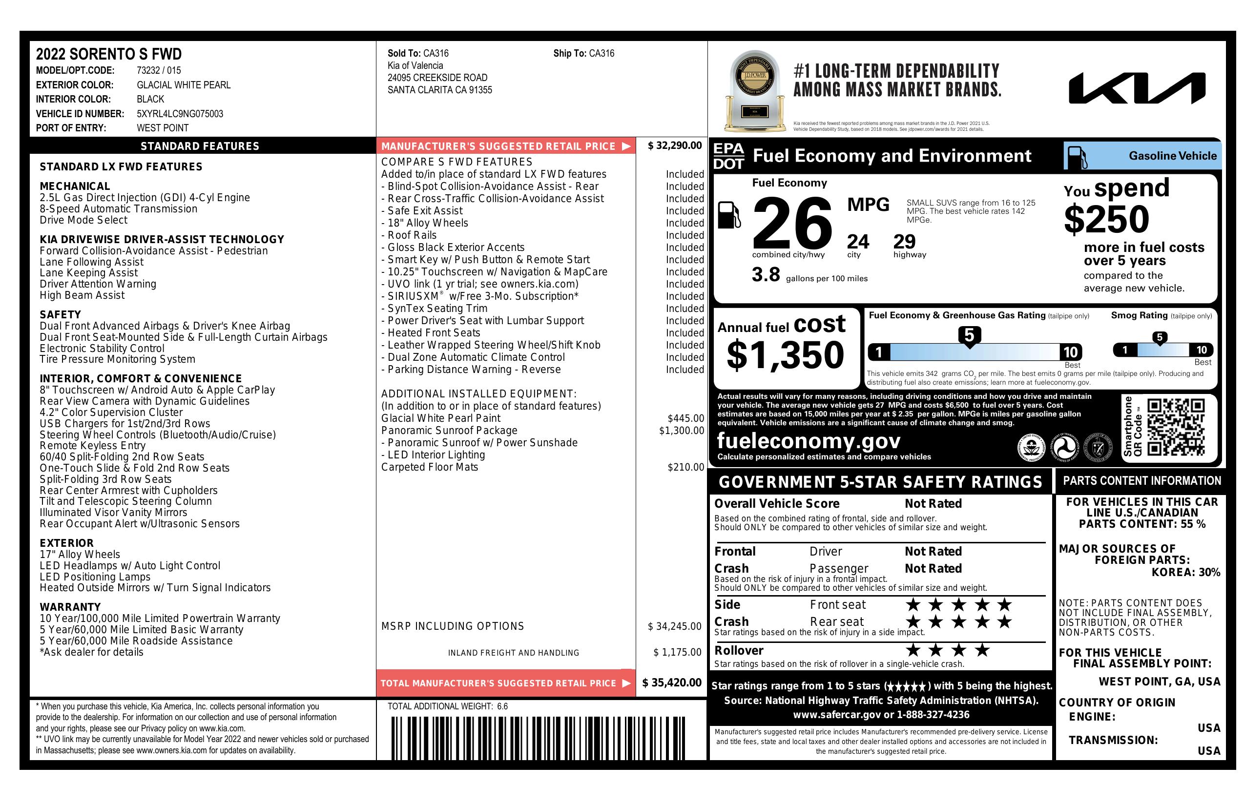 Window Sticker for 2022 Kia Sorento S Fwd