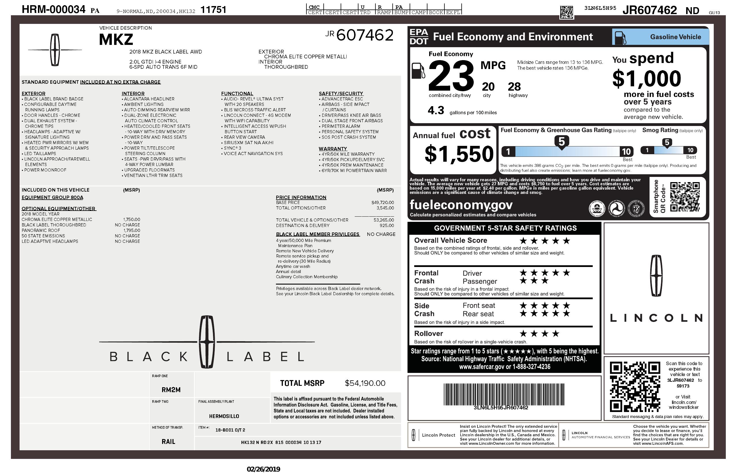 Maccorinページ Window Sticker for 2018 Lincoln Mkz Black Label Awd