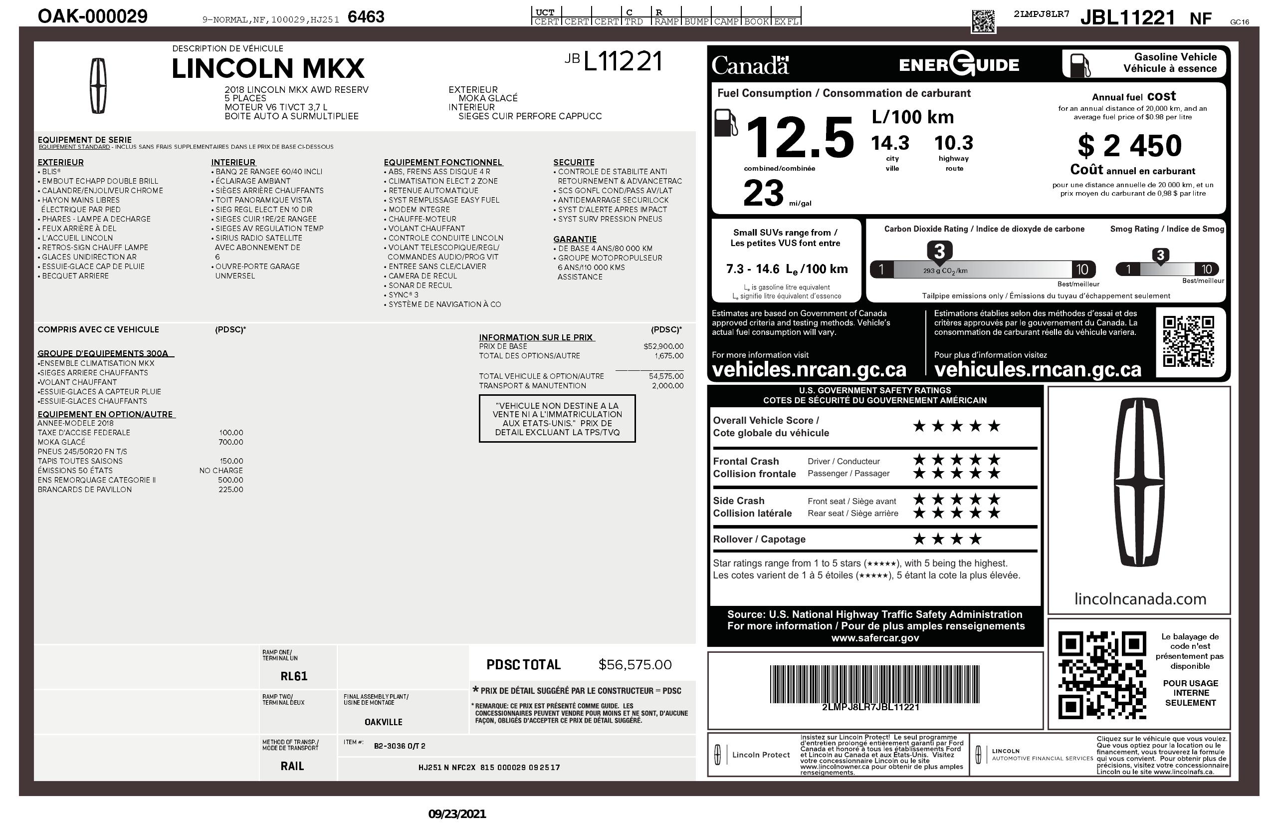 Window Sticker for 2018 Lincoln Mkx Reserve Awd