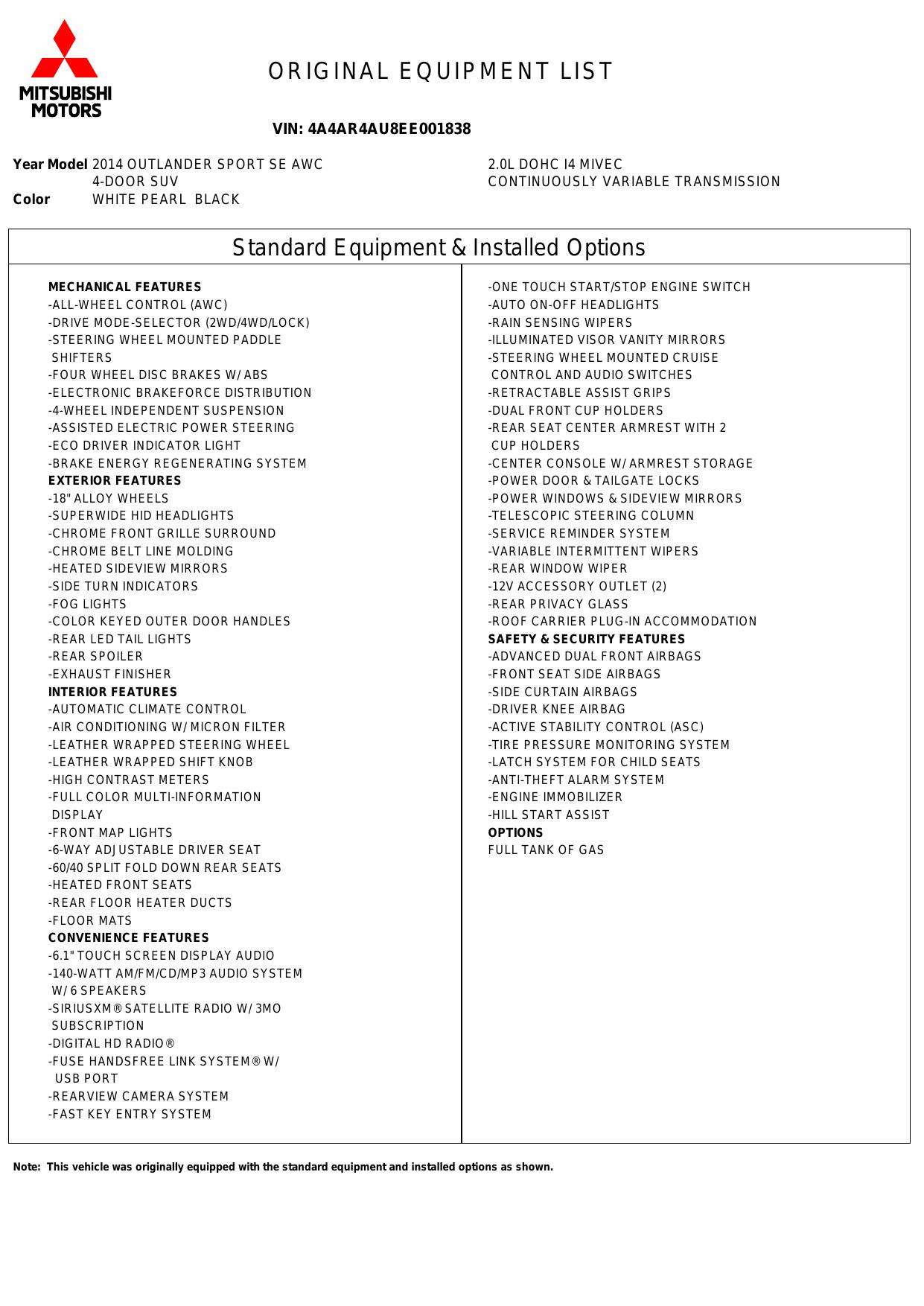 Window Sticker for 2014 Mitsubishi Outlander Sport Awd 4dr Cvt Se