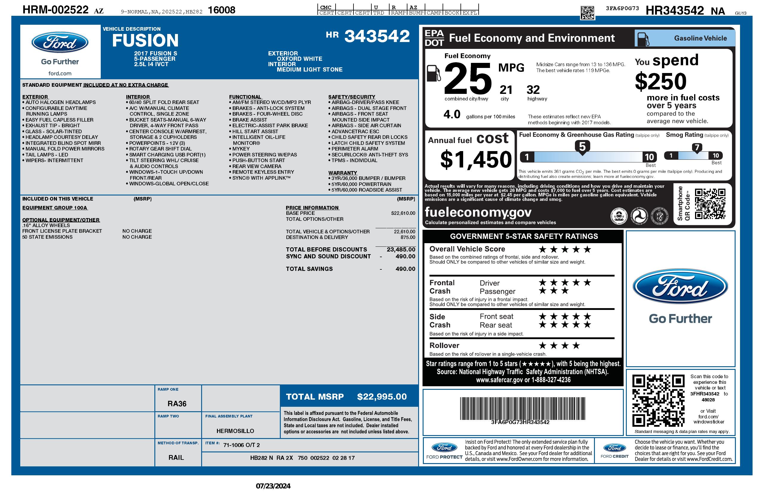 Window Sticker For 2017 Ford Fusion S Fwd