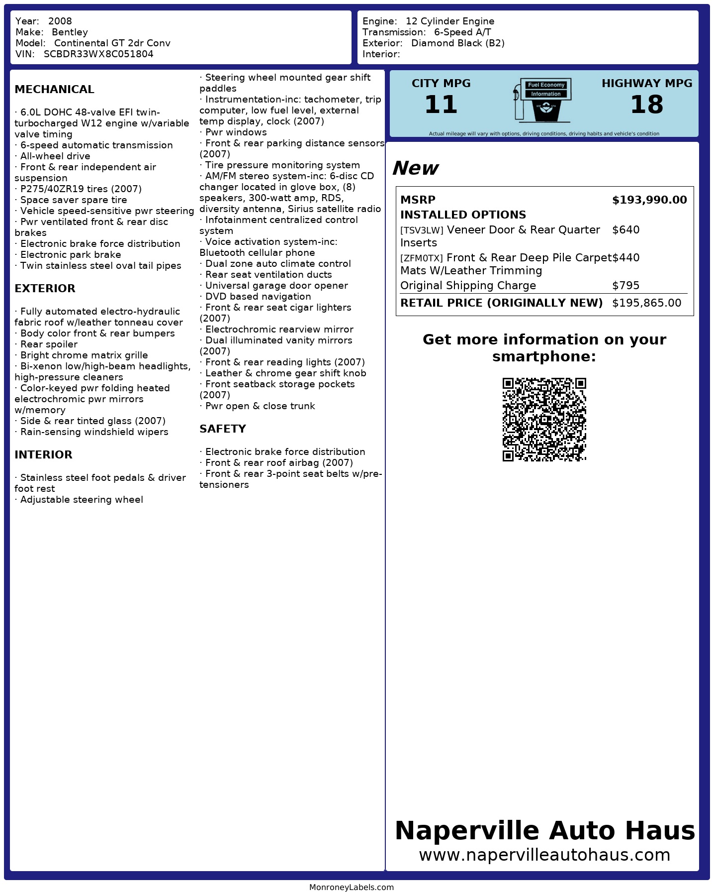 Window Sticker For 2008 Bentley Continental Gt 2dr Conv