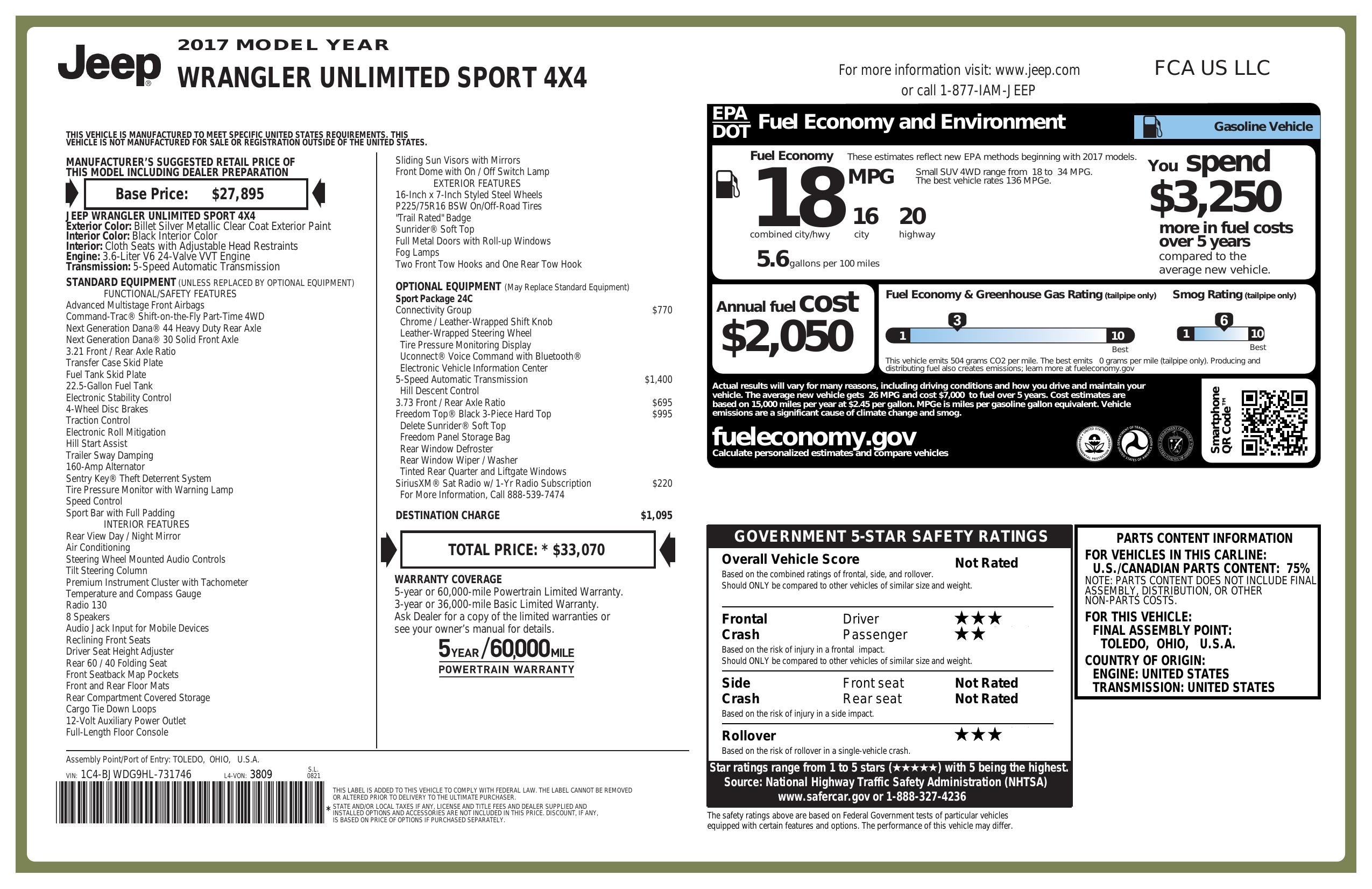 Original window sticker for 2017 JEEP WRANGLER UNLIMITED SPORT