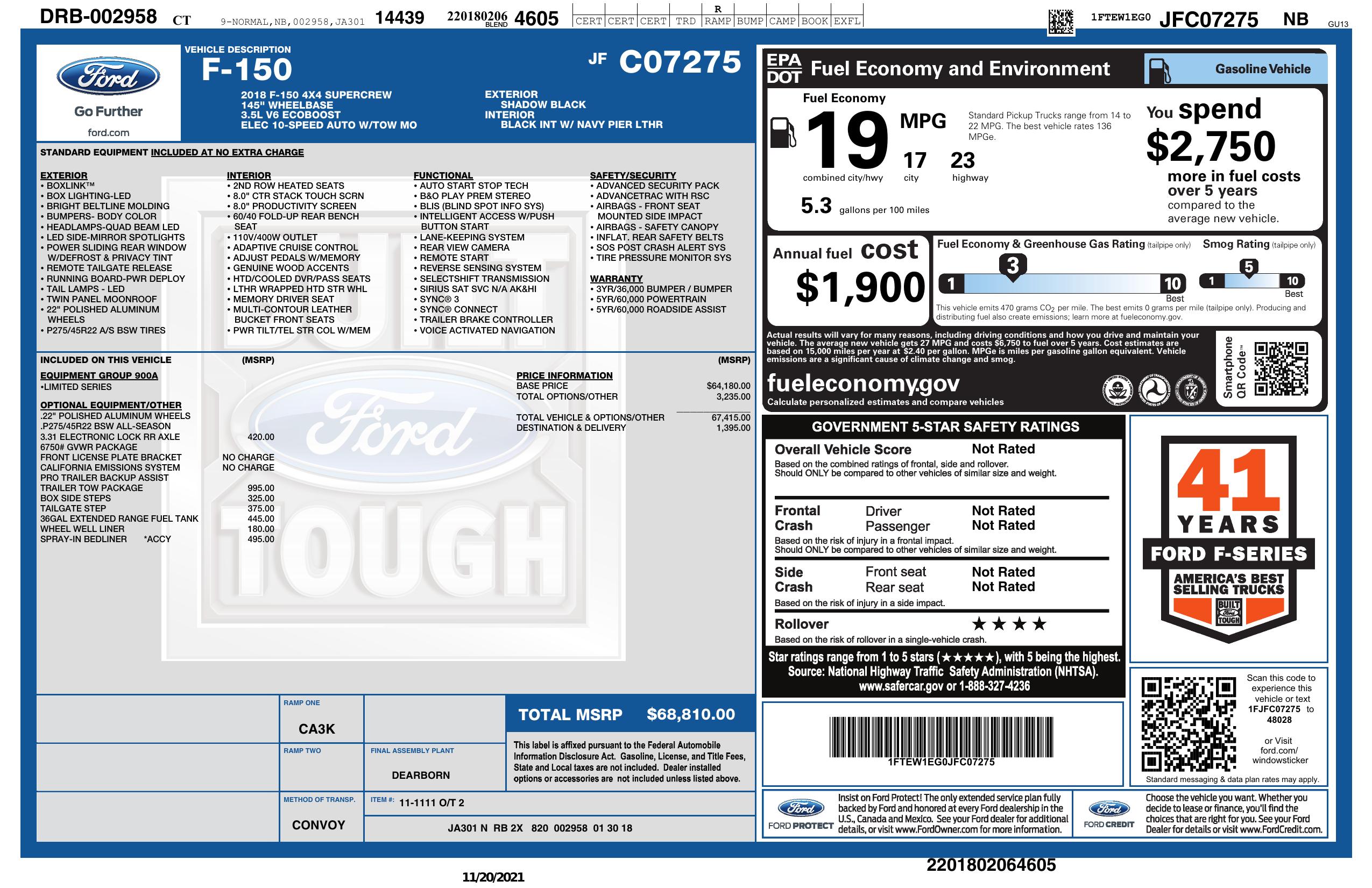 Original window sticker for 2018 FORD F-150 LIMITED